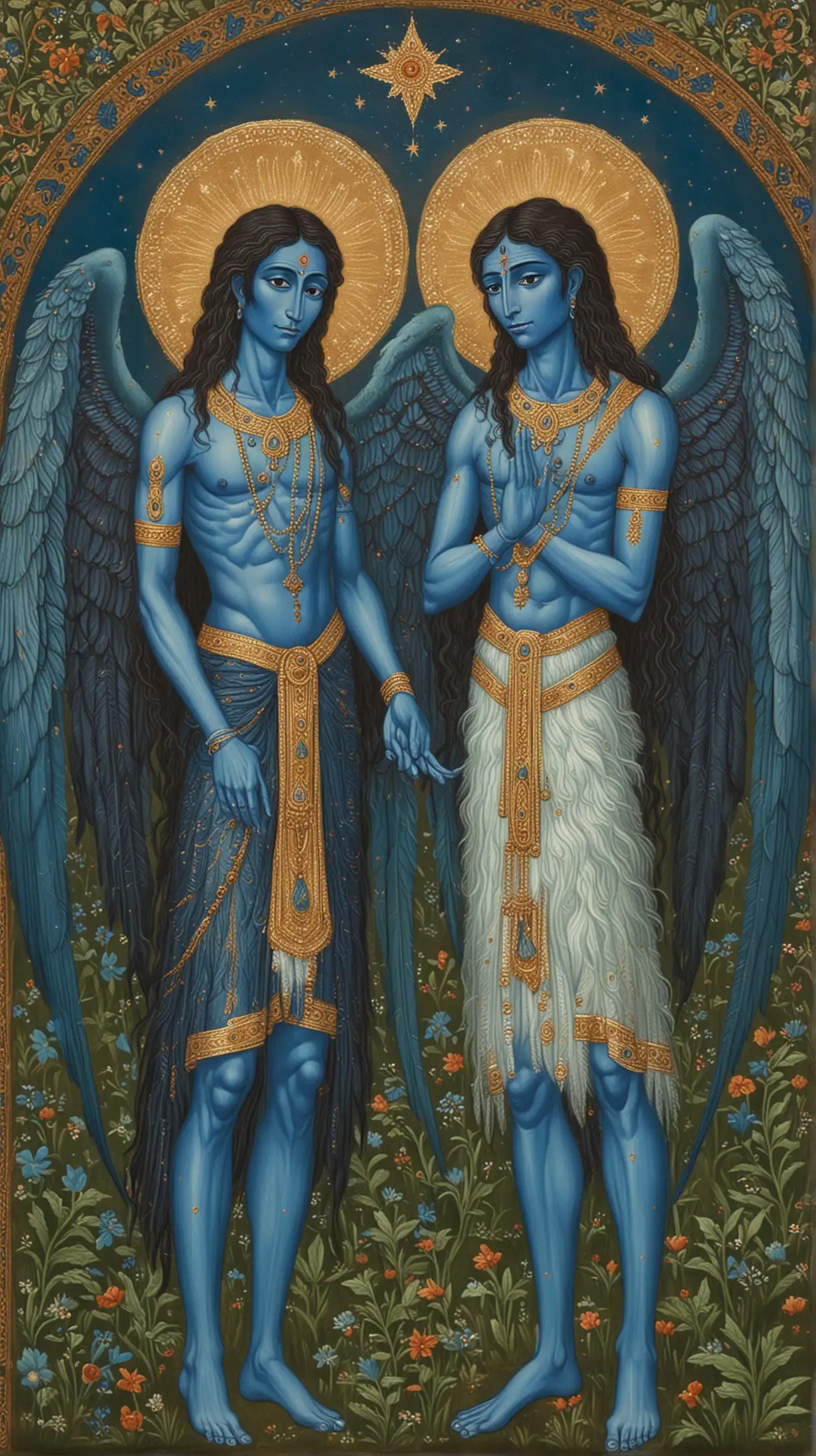Mysticism, indian style Orthodoxy Icon ::3 old icon master tempera painting of two blue skin Alien as handsom long-haired male indian angels:0.22 and holy forest::3