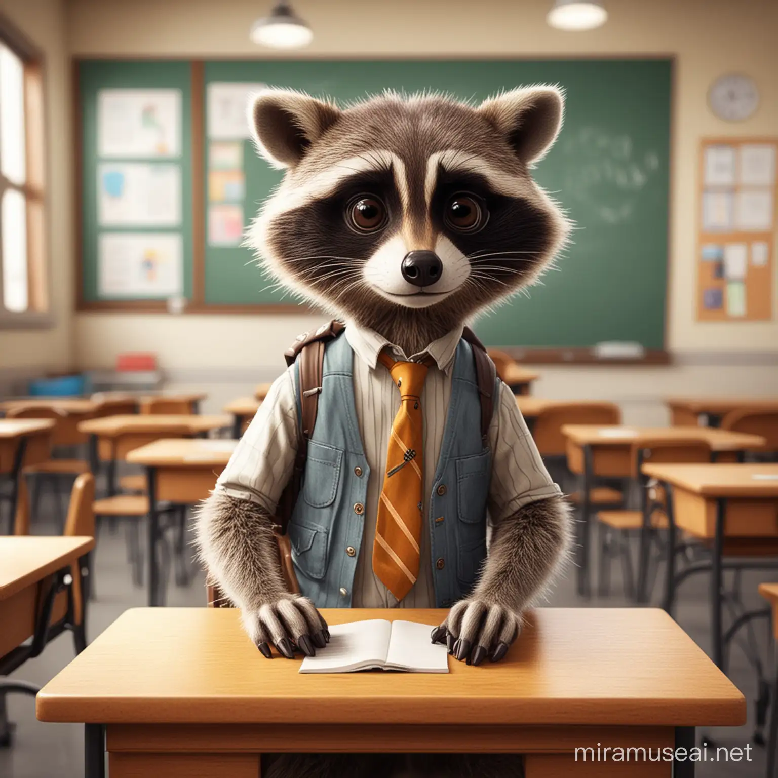 Adorable Cartoon Raccoon Learning in a Classroom Setting
