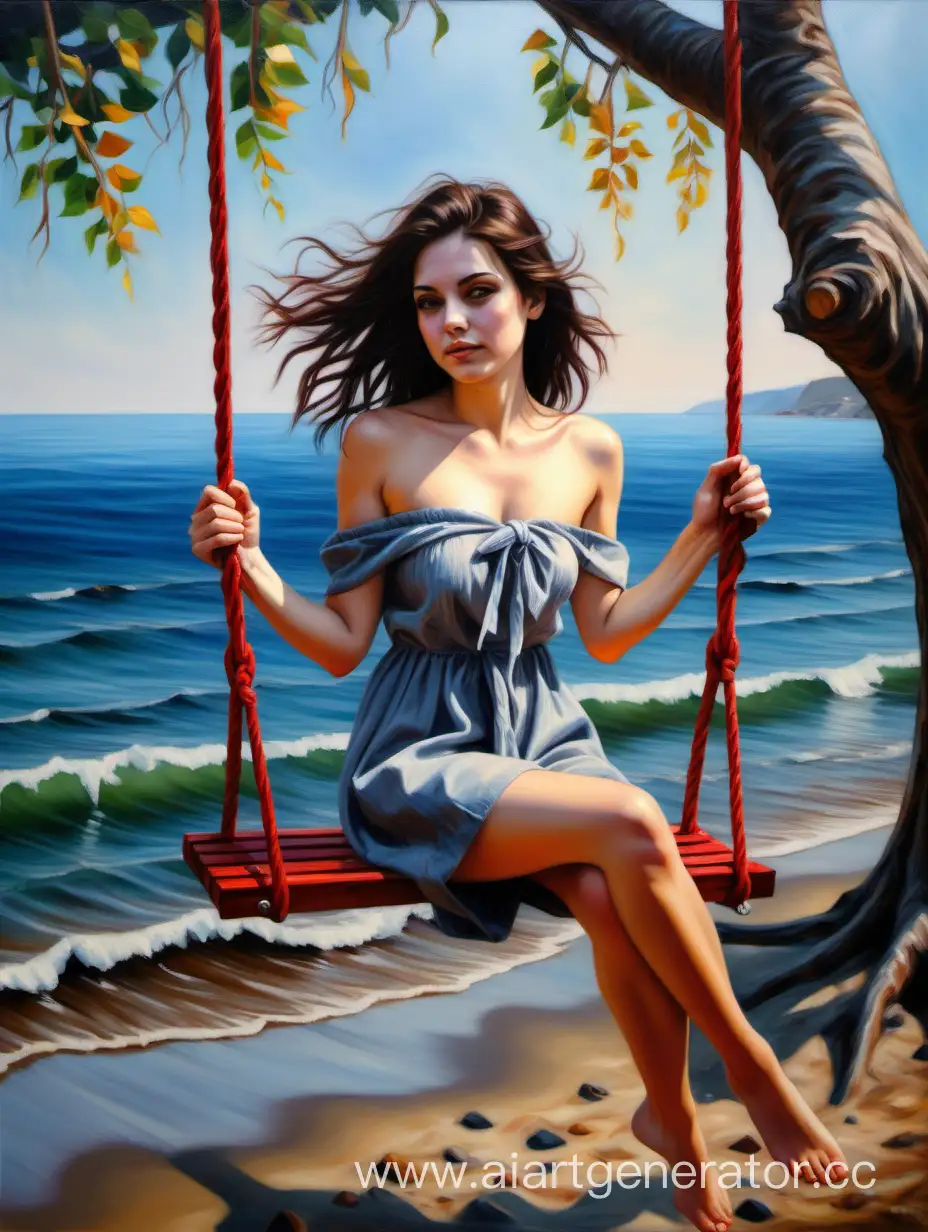 Брюнетка с голыми плечами сидит на качелях возле моря, привязанных к дереву. Реализм, яркие краски, картина маслом.