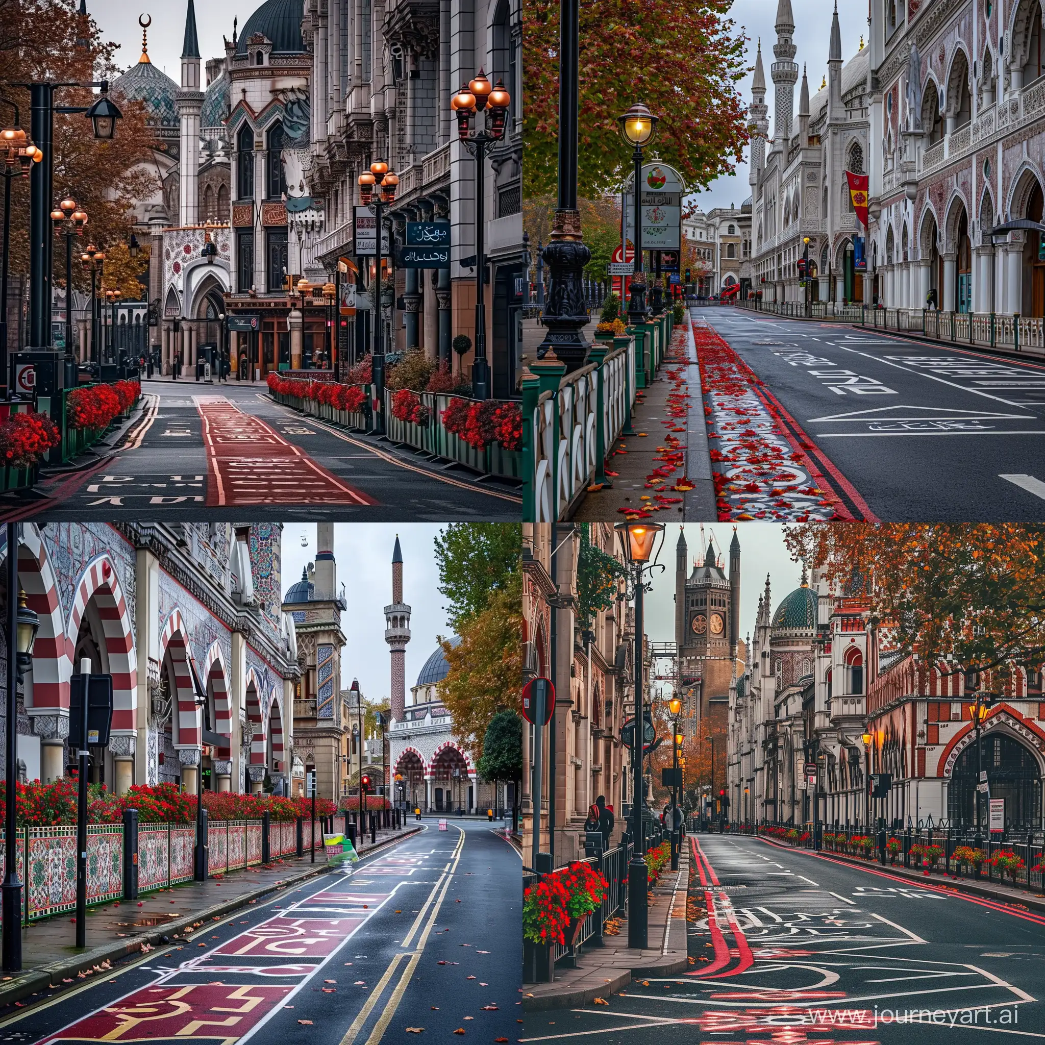 A street with London like road markings and traffic signs, Islamic fenced sidewalk with red green autumn flowers, islamic ornamented lamp lights, full of Islamic architectures and Islamic buildings, all have islamic tiled exterior, all buildings have islamic arched windows --v 6