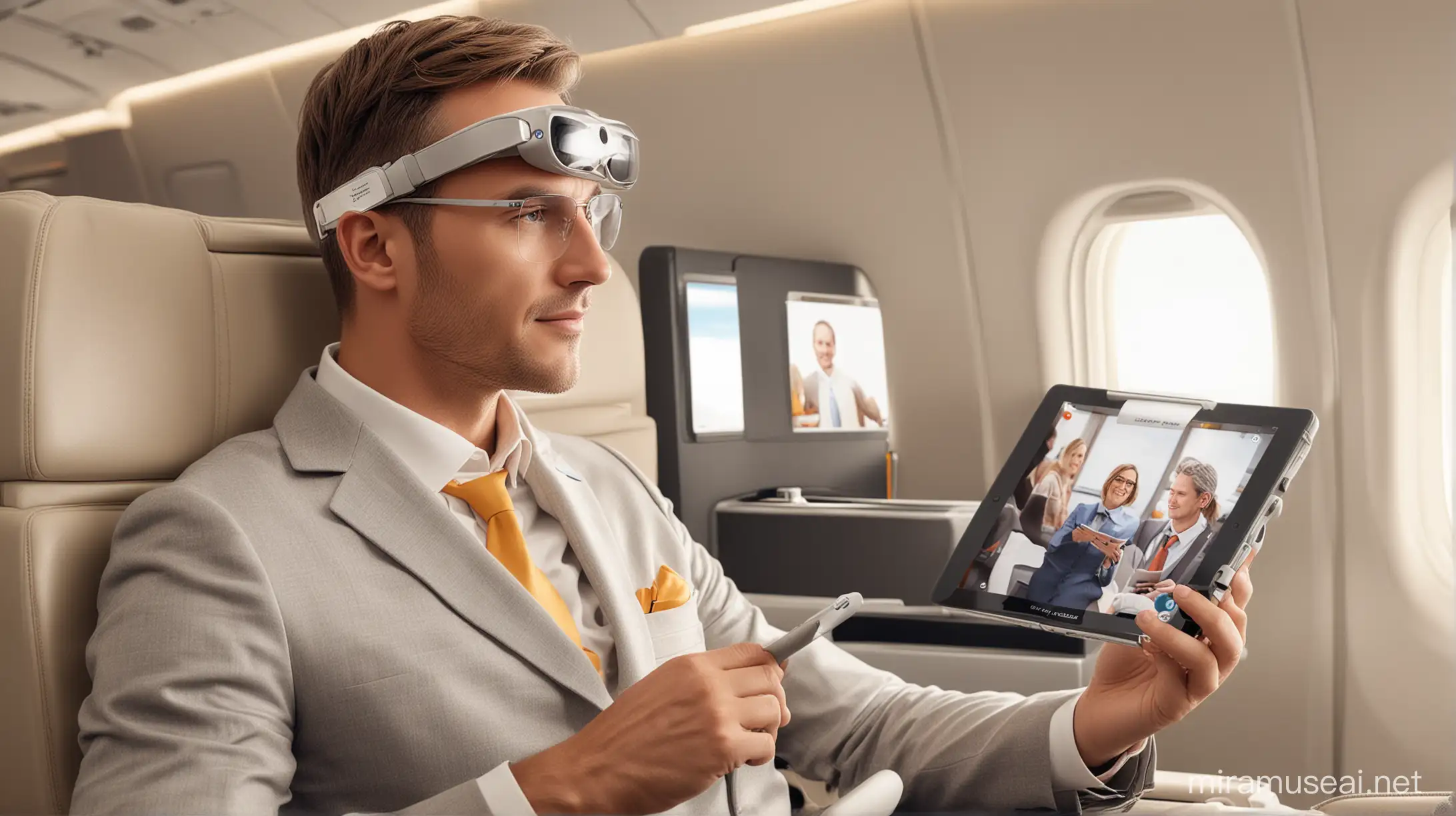 create a image of a person who is very rich sitting in a first class cabin of Lufthansa wearing apple vision pro on his head and a tablet in hand