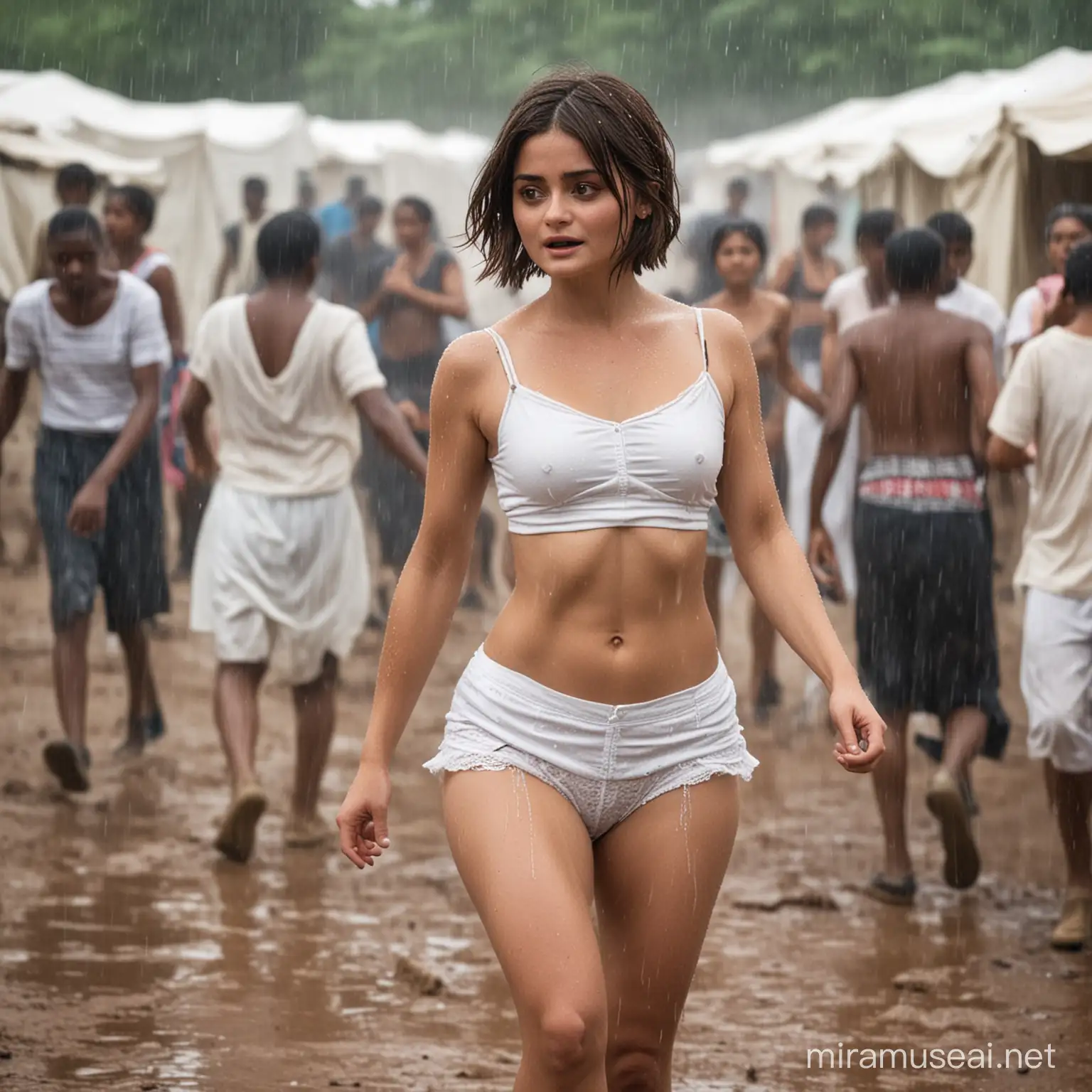 Jenna Coleman with short bobbed hair, wearing wite panties, dancing with legs apart, in a crowded refugee camp. It is raining.