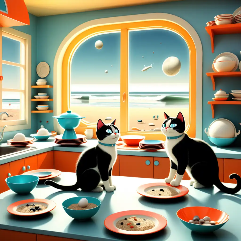 Playful SpaceAge Cats Amidst Beachside Kitchen Delight