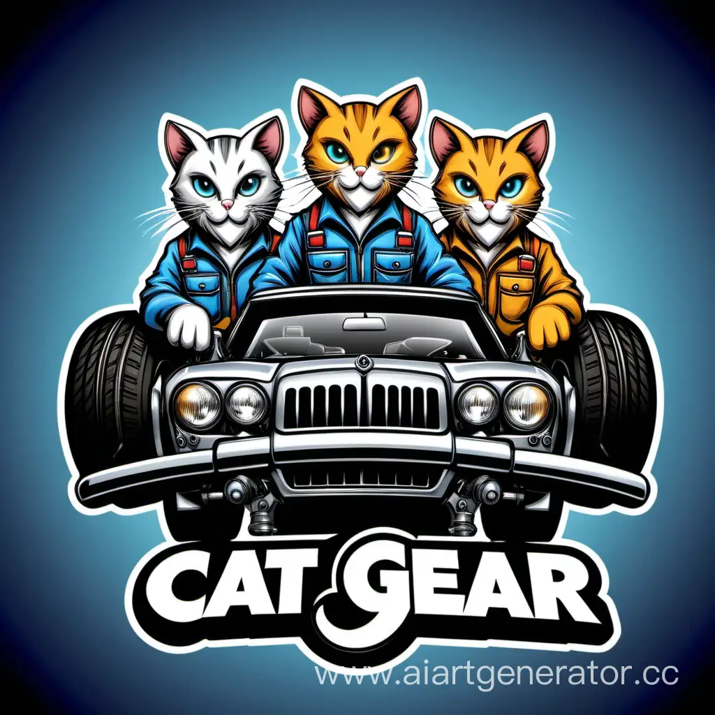 логотип канала “Кот Гир”: на логотипе изображены три кота-механика, держащих два поршня, на фоне автомобиля. Надпись “Кот Гир” выполнена гротескным шрифтом, имитирующим стиль передачи Top Gear.