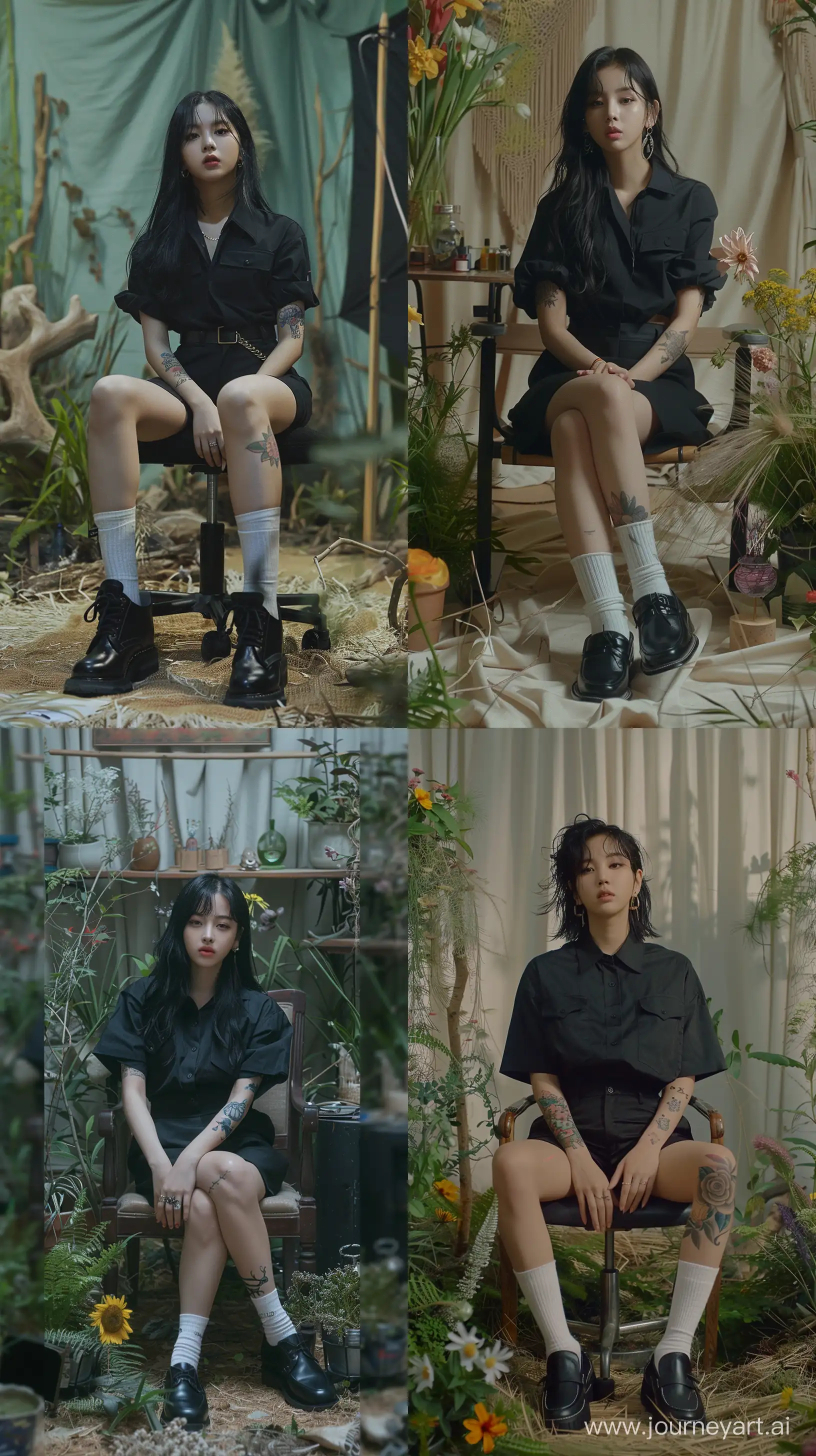 Blackpinks-Jennie-Sitting-in-Nature-Studio-Set-with-Chic-Black-Attire-and-Bare-Face