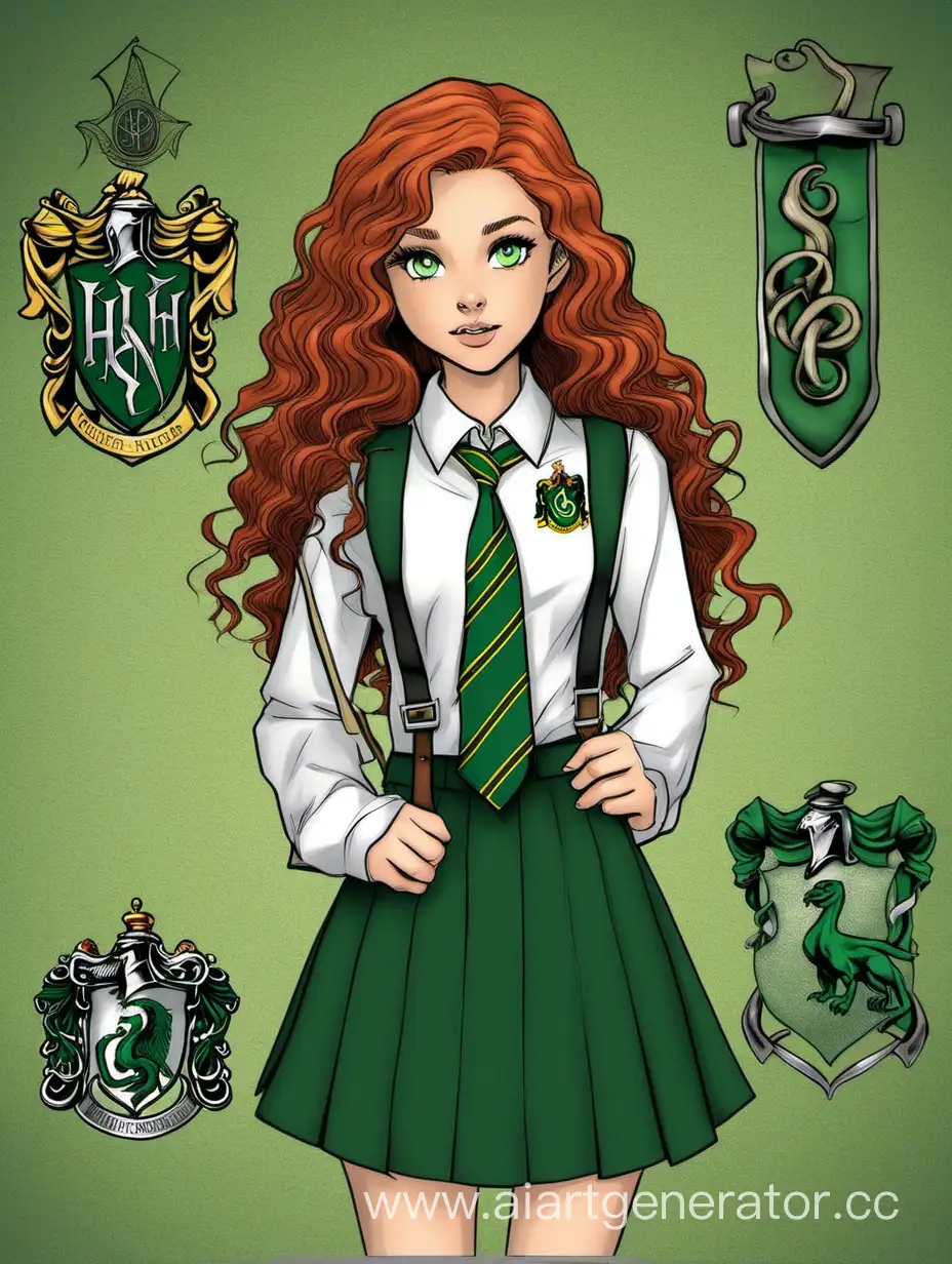 girl 17 years old: she has dark red curly shoulder-length hair, large dark green eyes with long eyelashes, plump peach-colored lips, Caucasian race: sharp and clear facial features, a serious and thoughtful expression; she is dressed in the uniform of the Slytherin house: a white shirt with long sleeves, a green tie, a skirt slightly above the knees in the same color as the green tie, and behind the girl is Hogwarts castle