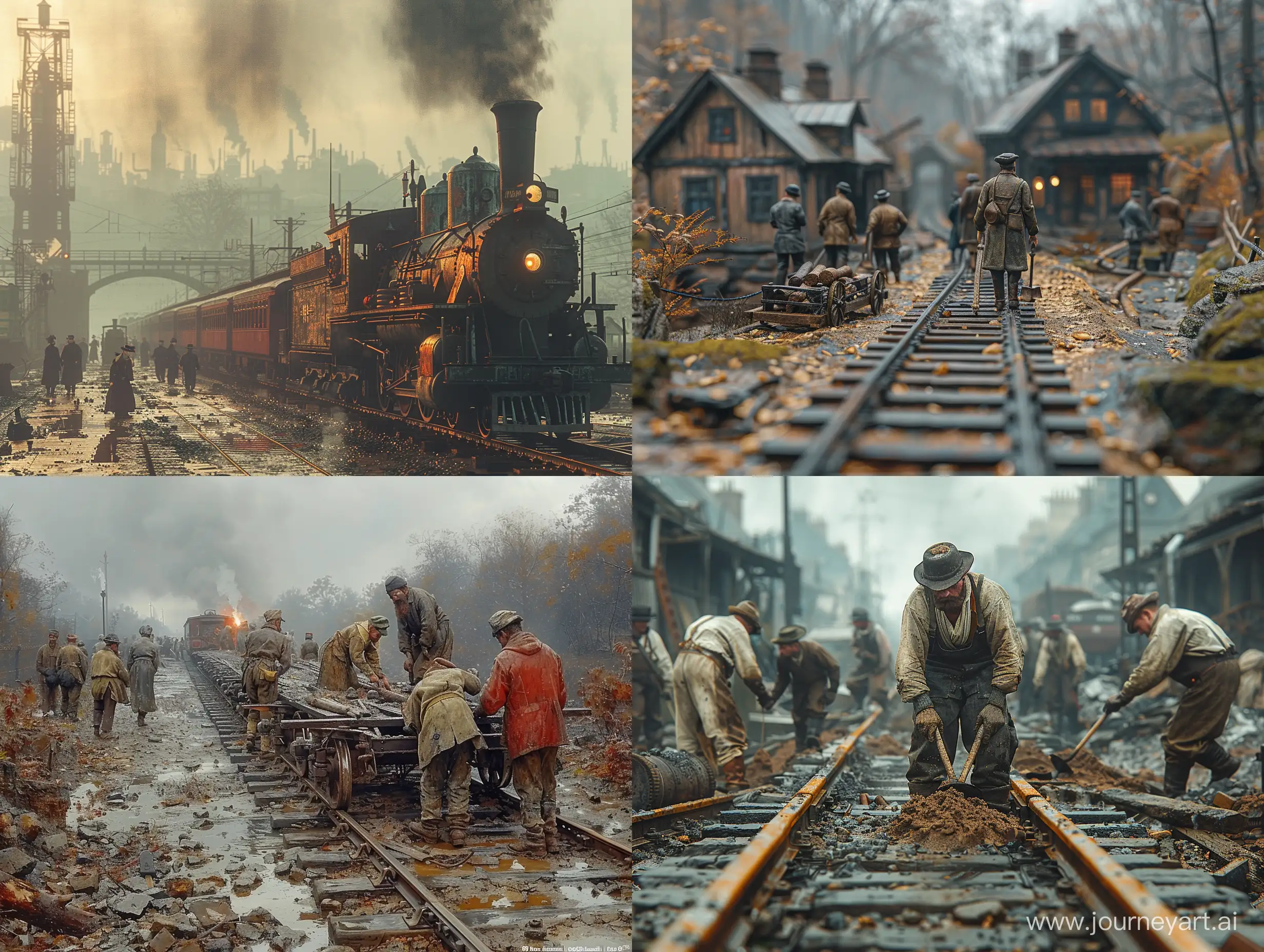 realistic Railway workers in 1845 doing their daily work on the railway in normal conditions, with realistic and precise details in a beautiful and harmonious image with professional effects, background blur, precise details and creativity highly detailed --style raw --stylize 750