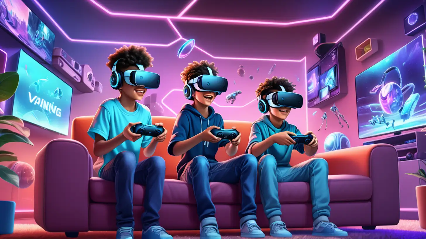 Two boy teenagers in the metaverse with VR headsets and gaming pads in their hands. They are sitting on a couch in a futuristic living room, surrounded by holographic screens and objects. They look excited and immersed in the virtual reality. The image is in 16:9 aspect ratio.