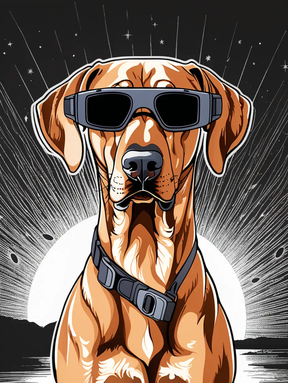 Rhodesian Ridgeback Wearing Eclipse Safety Glasses with Solar Eclipse Background