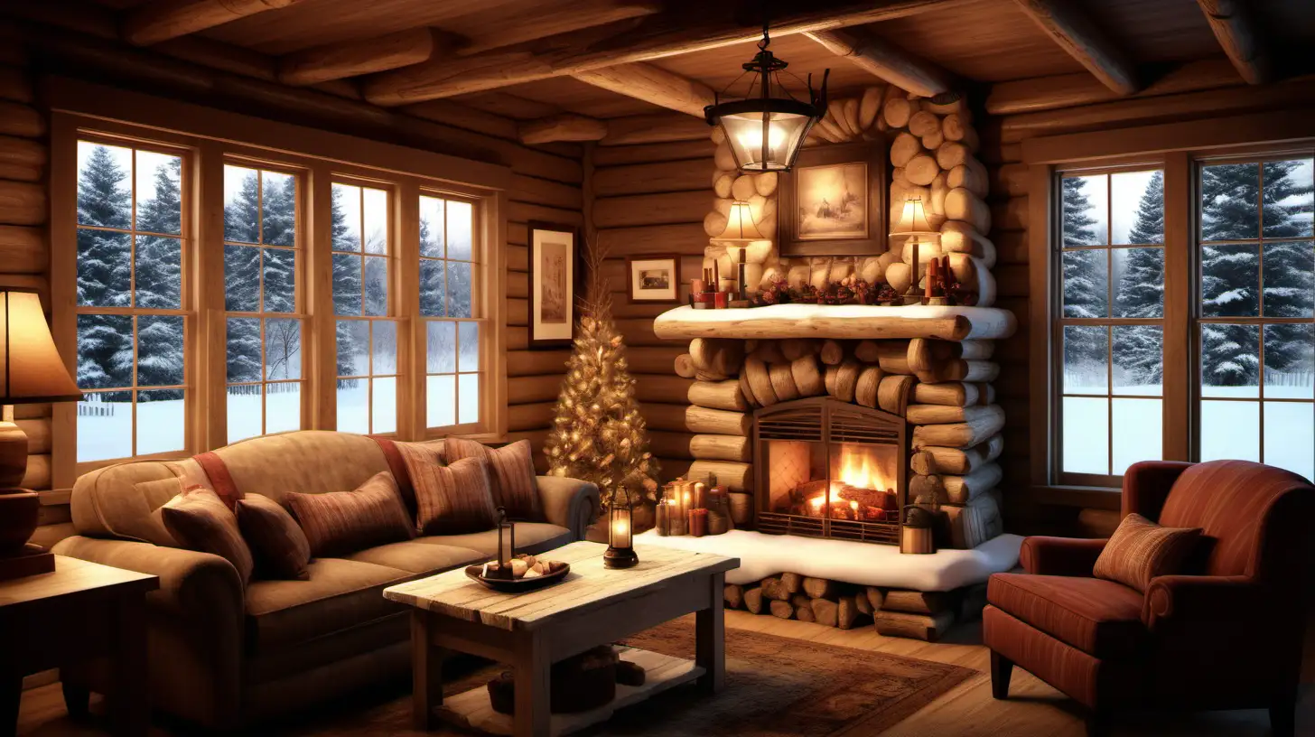 Generate a warm and cozy image of the interior of a log cabin during winter. Focus on the inviting atmosphere within the cabin, with a roaring fireplace casting a gentle glow. Frame the scene through a window, capturing a picturesque winter day outside. Use warm tones to convey the coziness of the interior, contrasting with the cool hues of the snowy landscape. Pay attention to details like flickering firelight, rustic furnishings, and any subtle winter elements visible through the window. Create a composition that evokes a sense of comfort, tranquility, and the beauty of a winter day from the comfort of a snug log cabin.