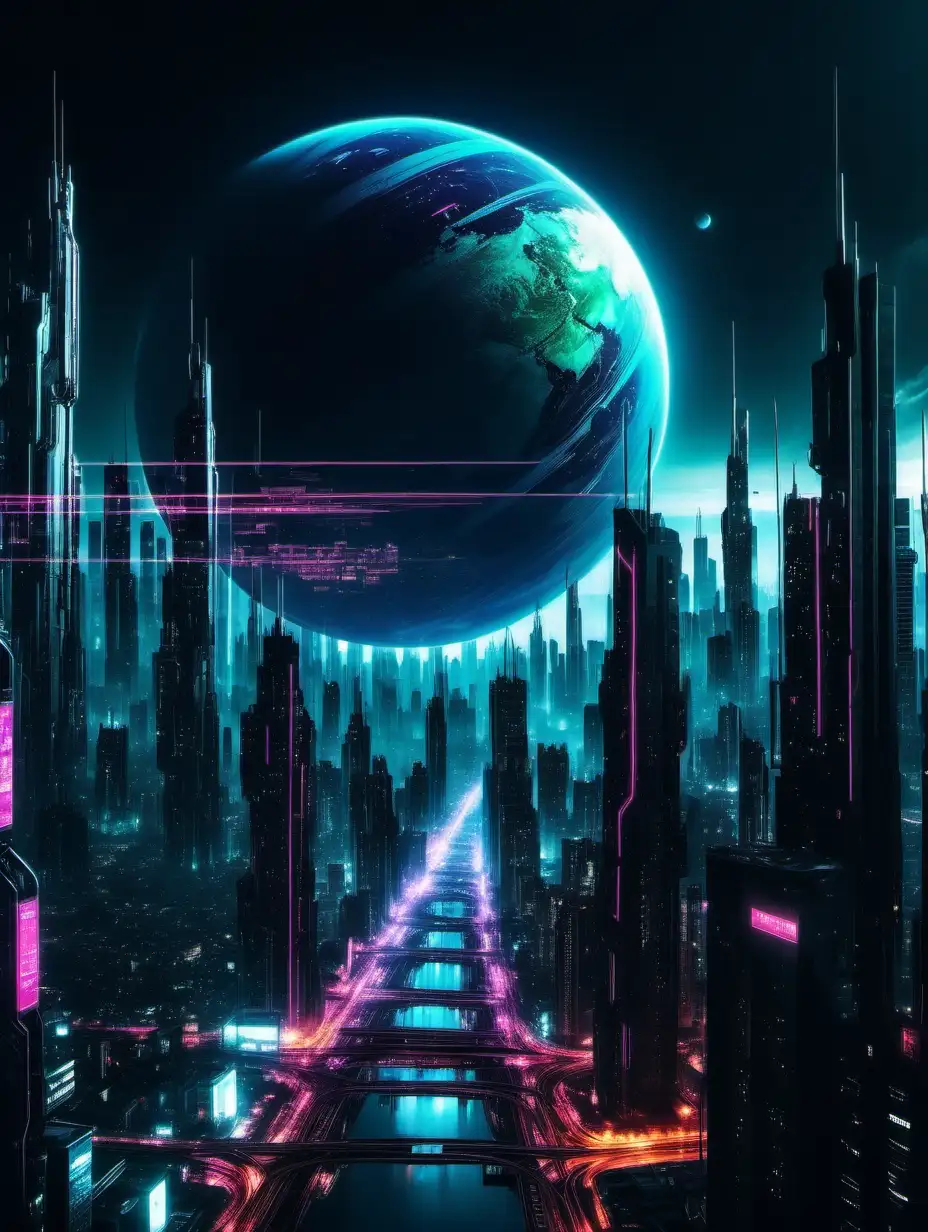 cyberpunk city at night. Planet on the sky