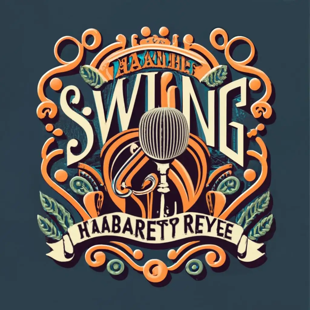 logo, art nouveau music band microphone saxophone piano, with the text "Swing "Kabarett" Revue", typography, be used in Entertainment industry