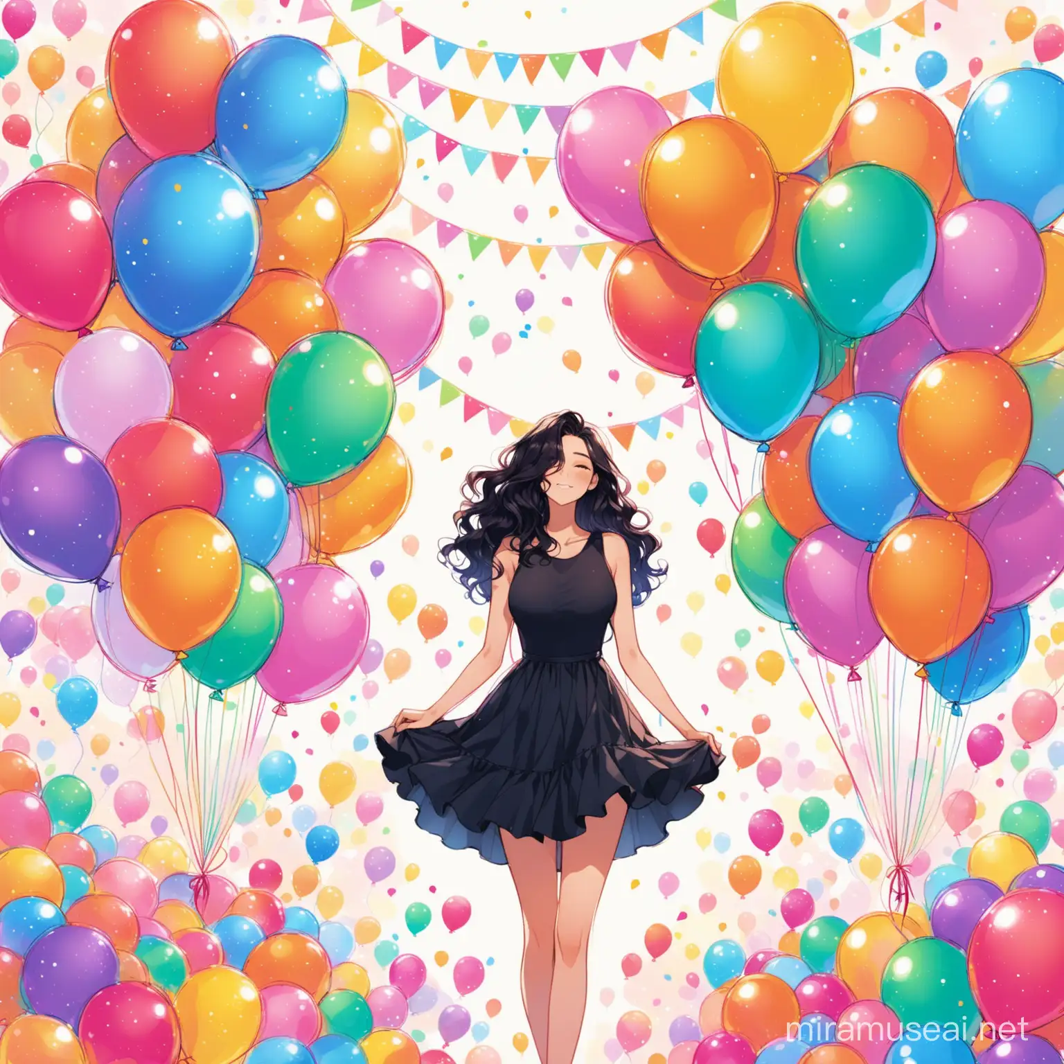 Tall women with dark wavey hair has a birthday, lots of balloons and flowers 