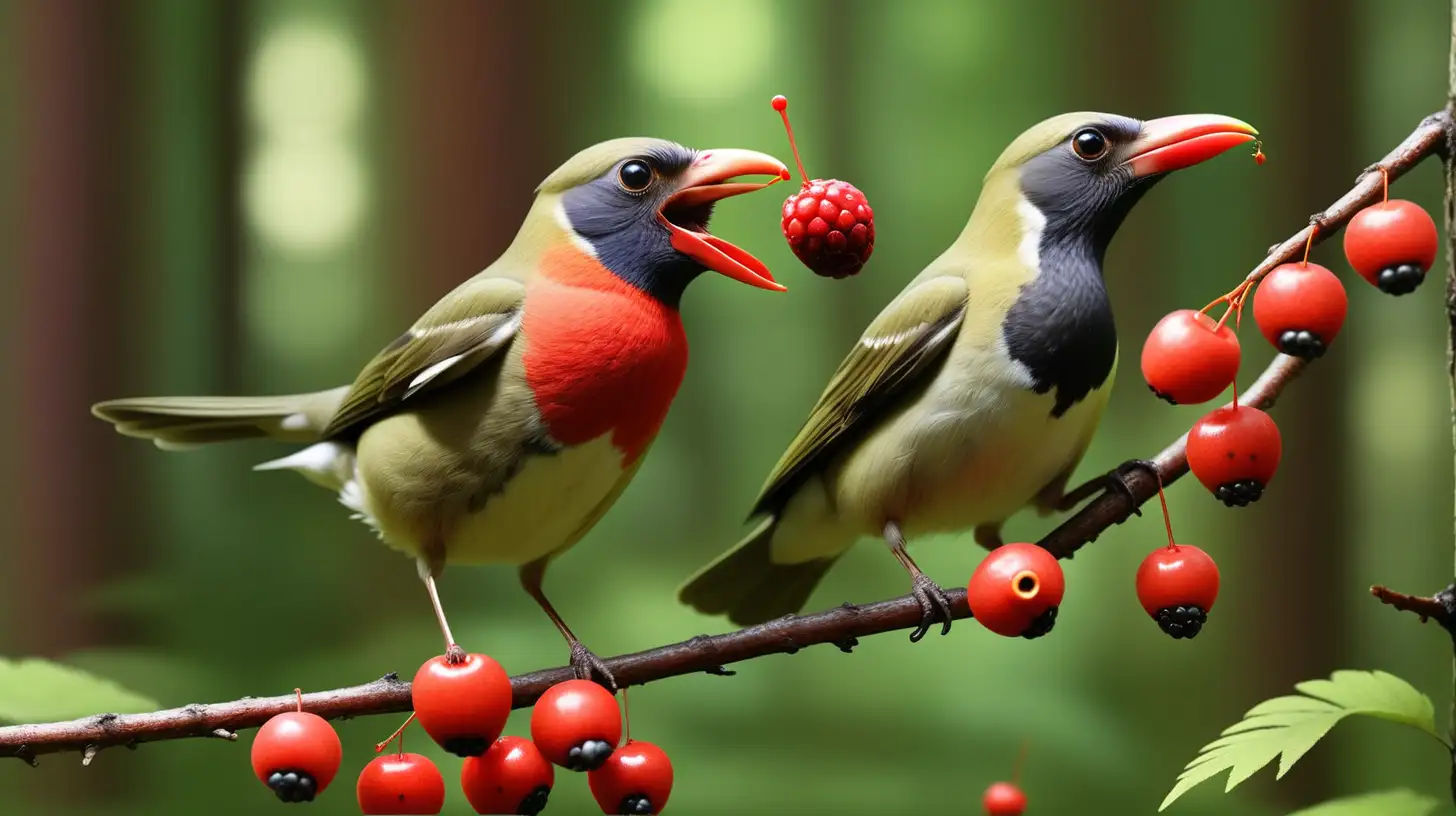 Summer Forest Birds Carrying Red Berries in Flight