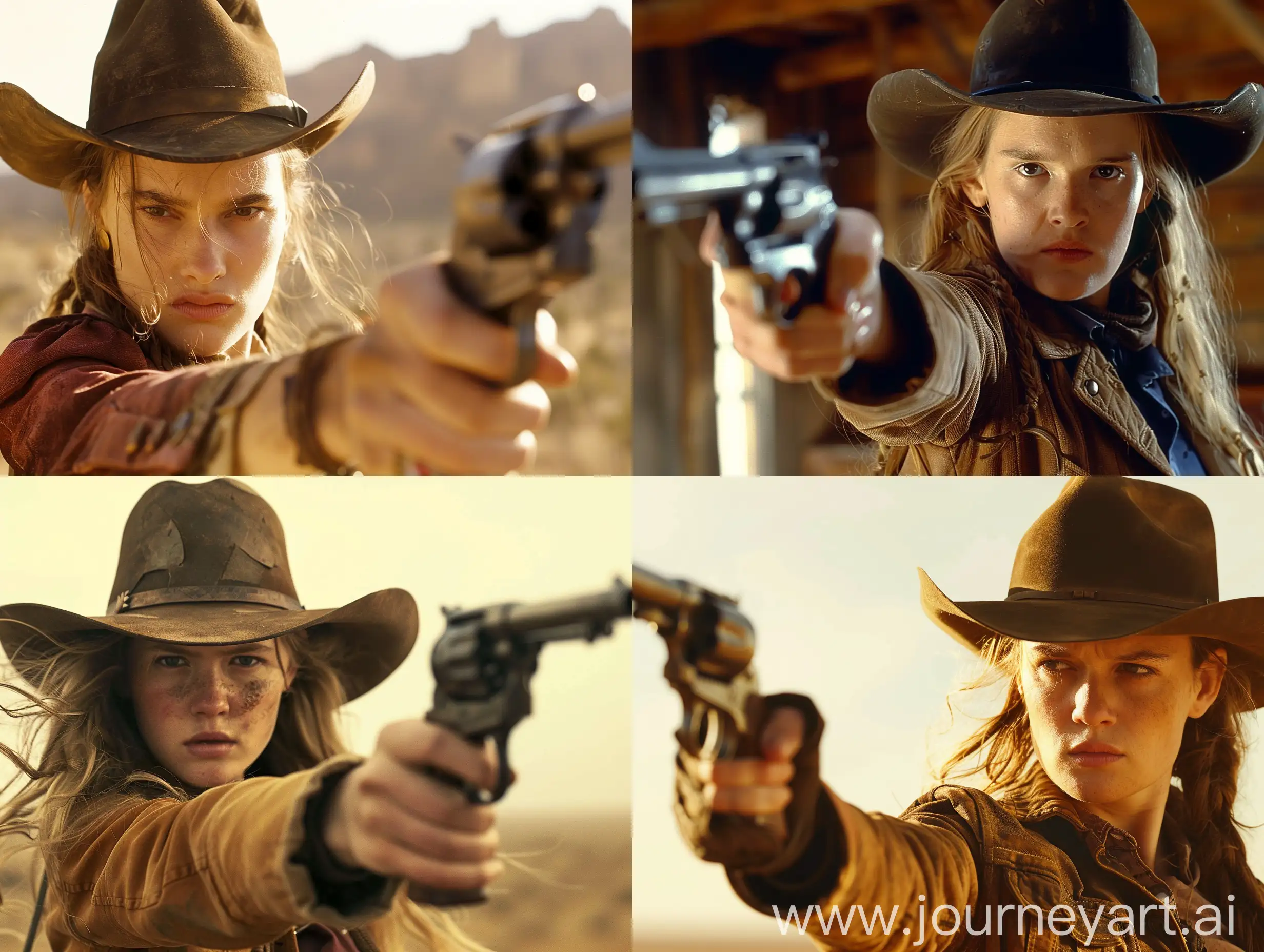 film still, film by Quentin Tarantino, western, 19th century, young woman, cowboy hat, gun