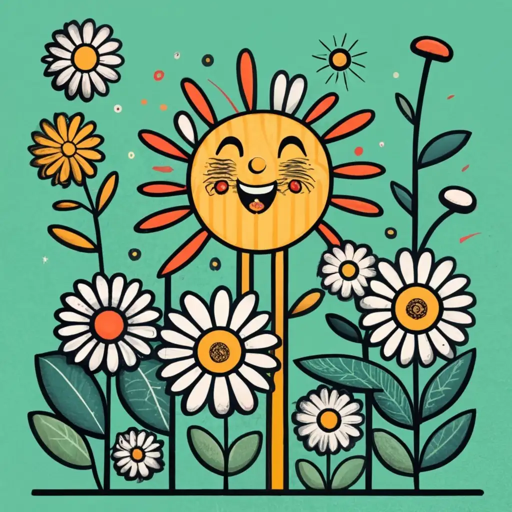 atmosphere of blue sky, flower garden, sun.
the sun chats with the daisy.
For flowers, you can choose from many types or many daisies, the important thing is that one daisy stands out so it looks like one of the main characters, whehe