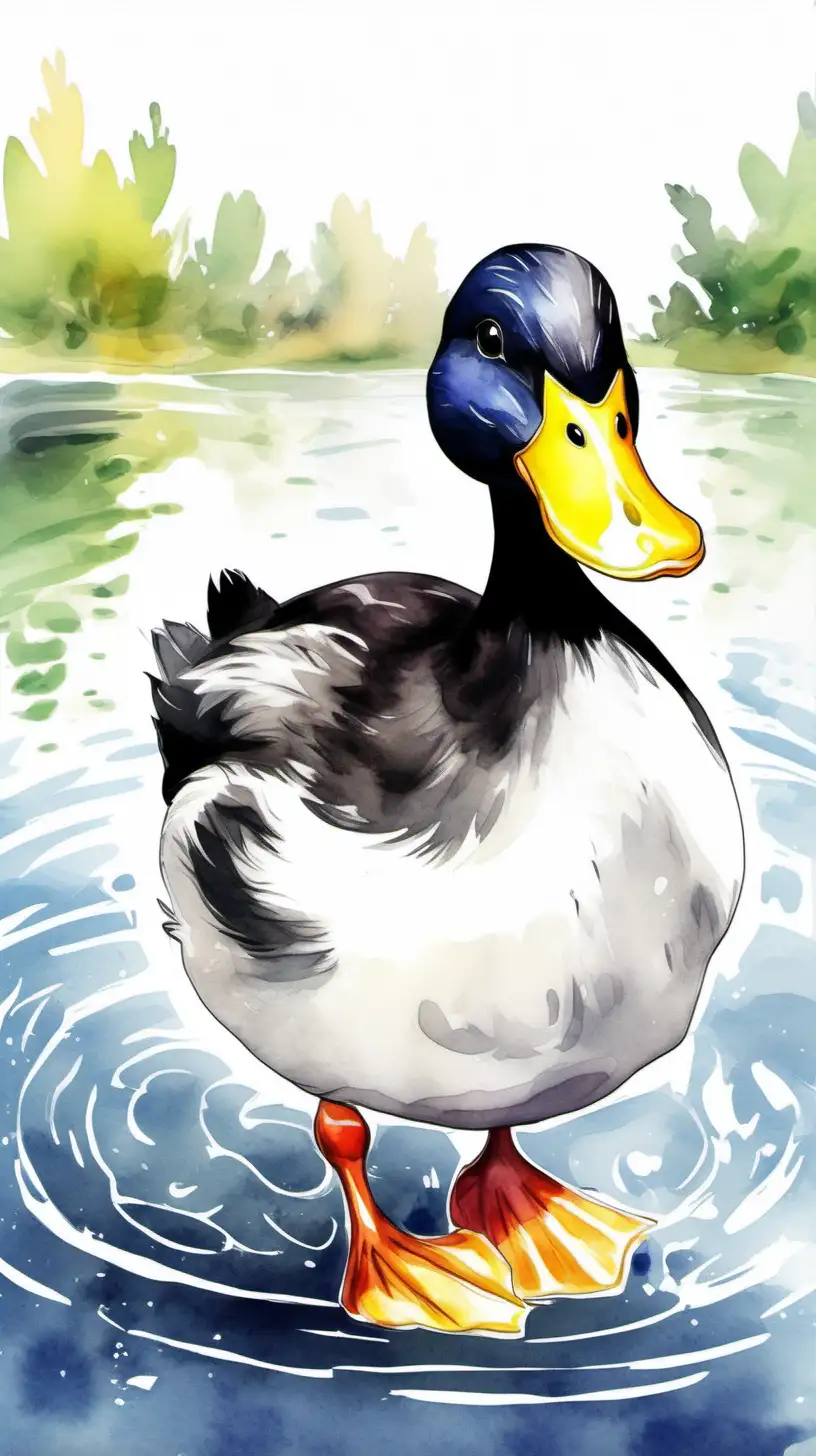 generate a funny black and white duck, friendly face, swimming in a lake, beautiful and colorful landscape. Use watercolor style, for a children's book
