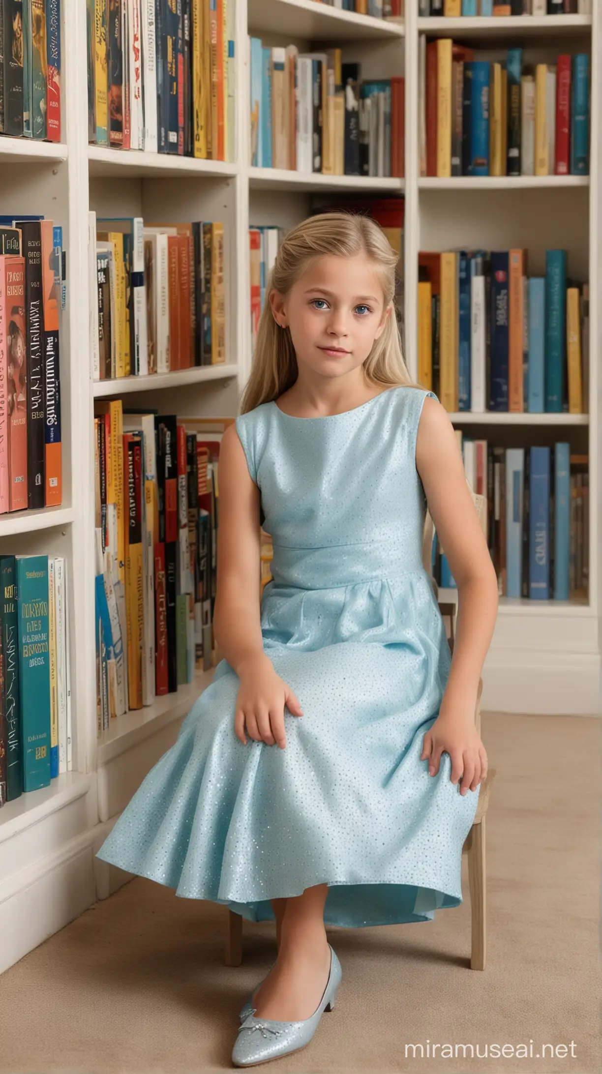 A princesa Aline, de 10 anos, 1.52m de altura, cabelos loiros curtos, olhos azuis. Vestindo um vestido azul claro, sentada no chao, ao fundo prateleiras de livros de corpo inteiro baseado na cantora aline barros
