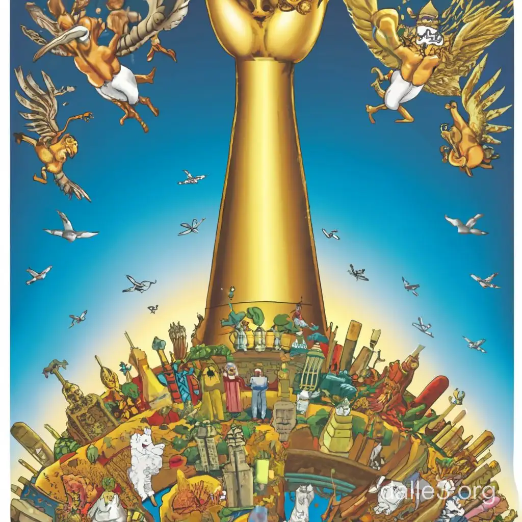 A detailed, colorful, busy, fun, whimsical, detailed cartoon of a golden arm reaching out of the earth. At the top of the arm is a large hand symbolizing peace with two fingers. Animals of all species and humans of all ethnic backgrounds surround the statue and bow in it's presence. Masterpiece. 