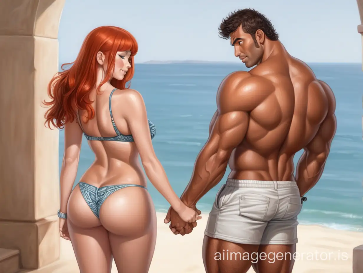 Shy curvy attractive redhead girl with a well endowed tan muscular Mediterranean man. They're in love.