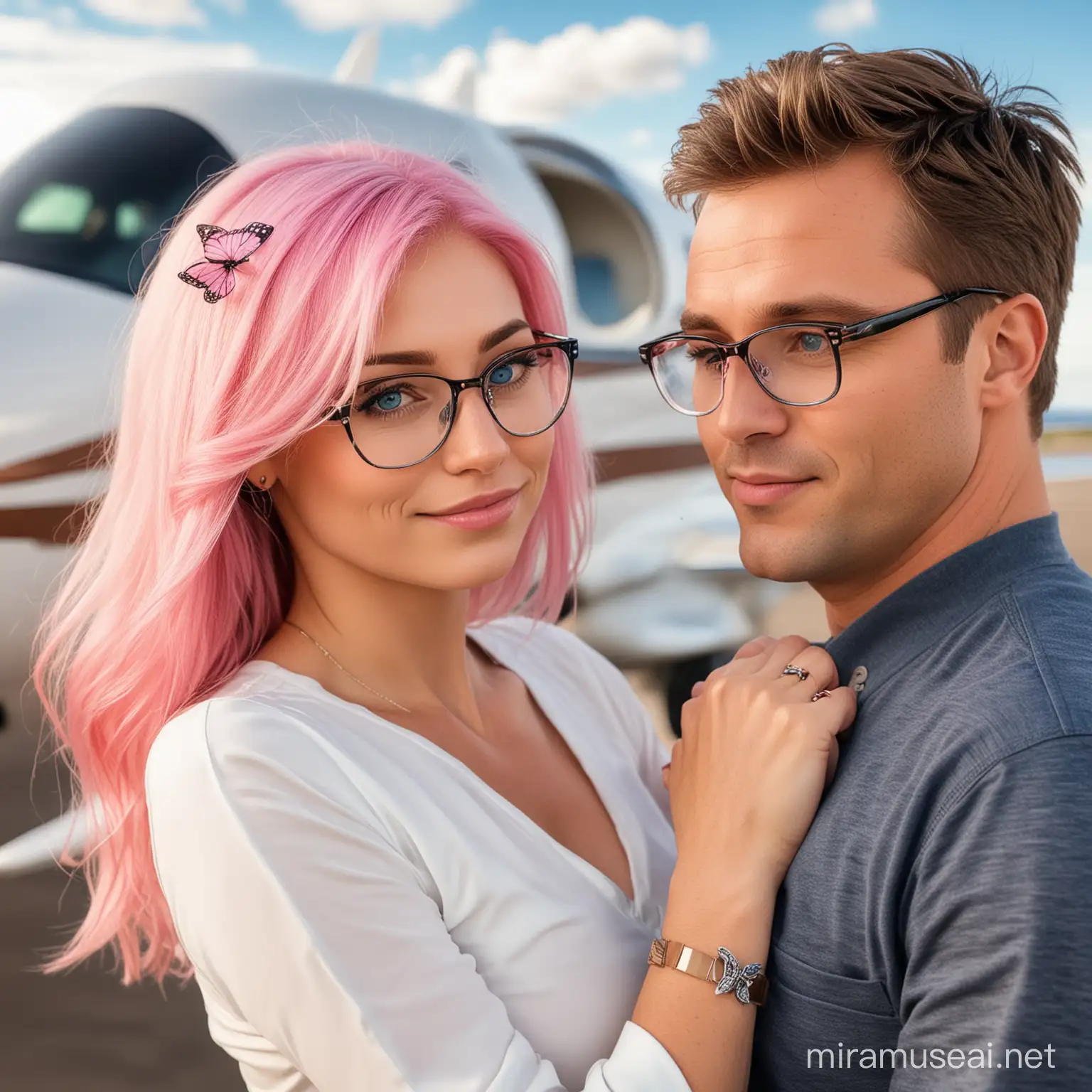Affectionate Couple Embracing by Private Plane with Butterfly Tattoo