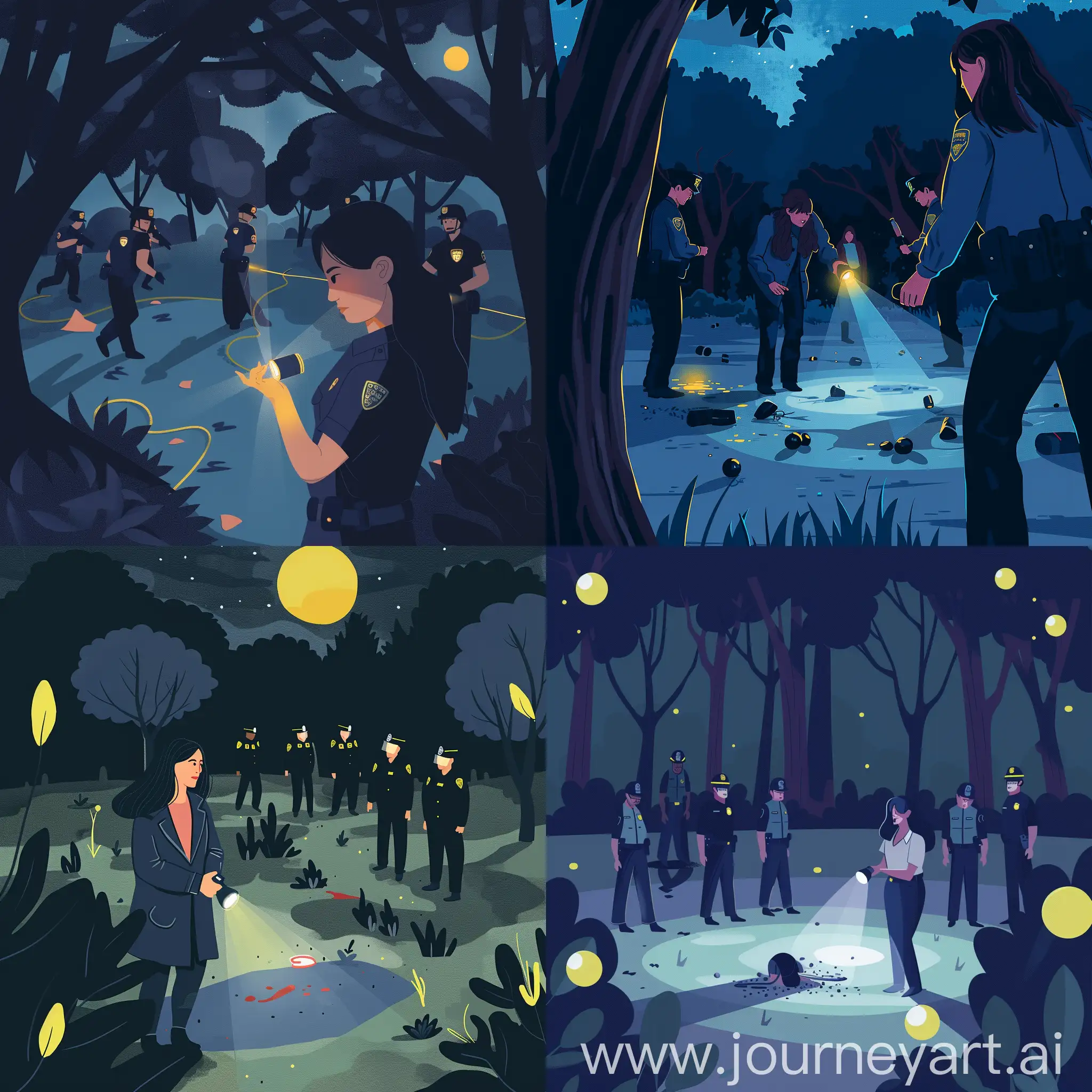 Minimalist illustration. female detective in a park at night at a crime scene, the woman holds a flashlight in her hand and shines it on the ground. there are police officers around the woman
