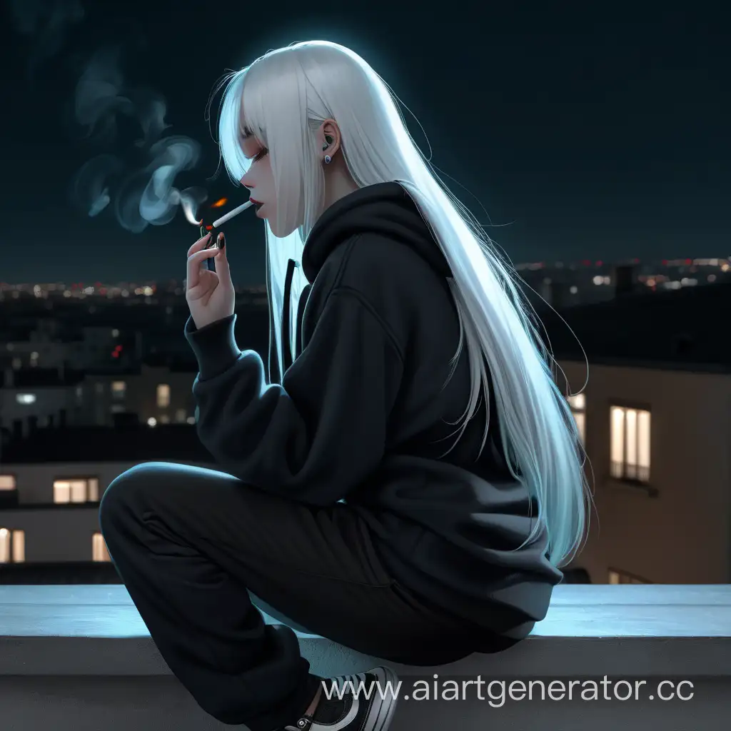 A girl with long straight white hair in a dark hoodie, dark pants and black sneakers, smokes a cigarette on the balcony. Her hands had claws instead of nails. It's night outside