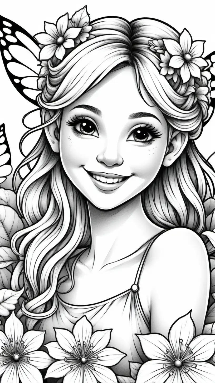 Floral Fairy Coloring Page Beautiful Smiling Fairy with Flowery Hair