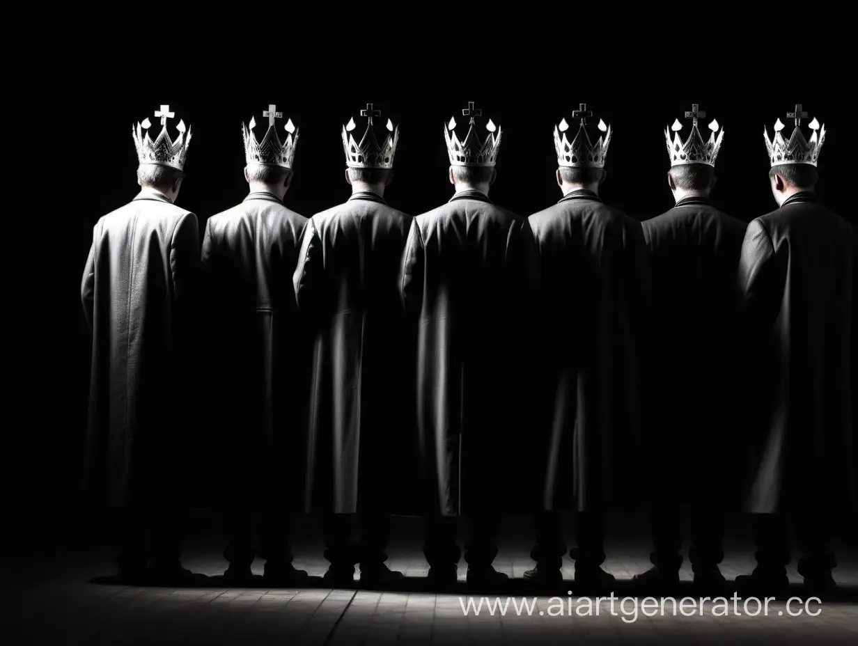 5 men in Russian small crowns standing in the shadows from the back in full height