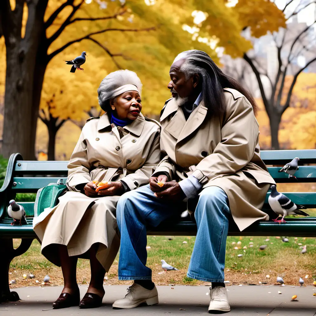 Old African American couple sitting on a park bench in central,park New York, they are feeding the pigeons, they have tand trench coats with jeans , the lady had beautiful long  hair