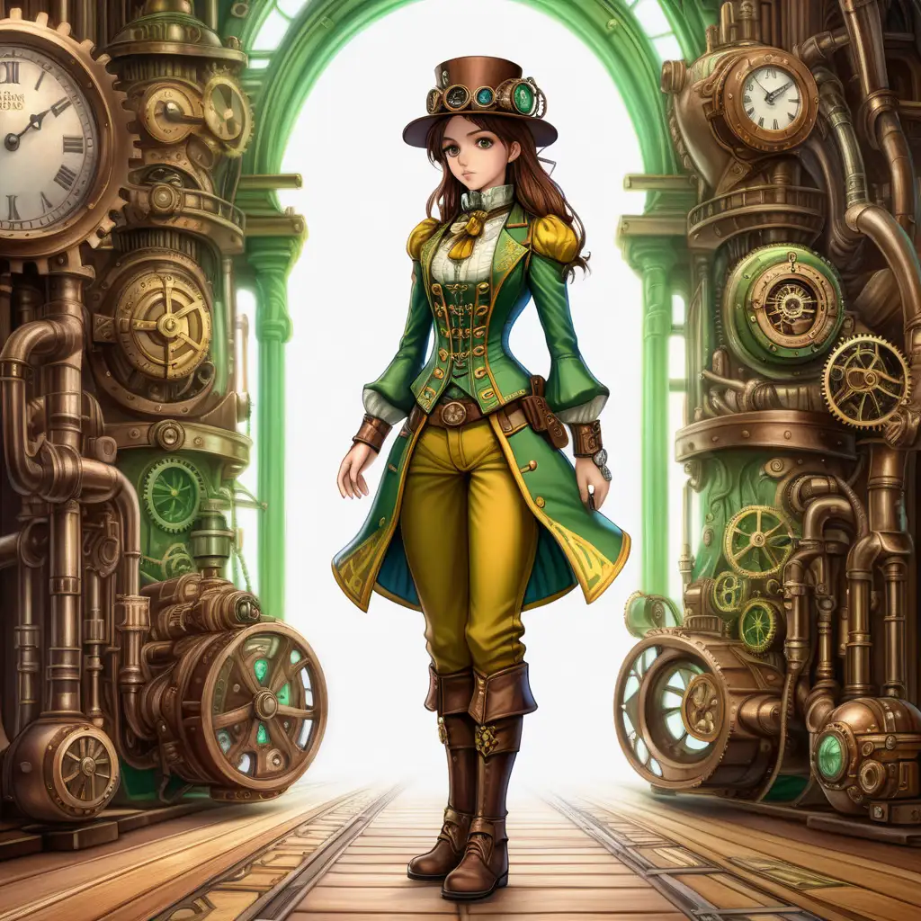 a dystopian Victorian full body head to toe image of a girl , with brown hair, in a green and gold outfit, full body, head to toe, in a standing walking position, in steampunk style, no hat ultra hd, cartoon anime, vivid colors, highly detailed, perfect composition, beautiful detailed intricate insanely detailed perfect light