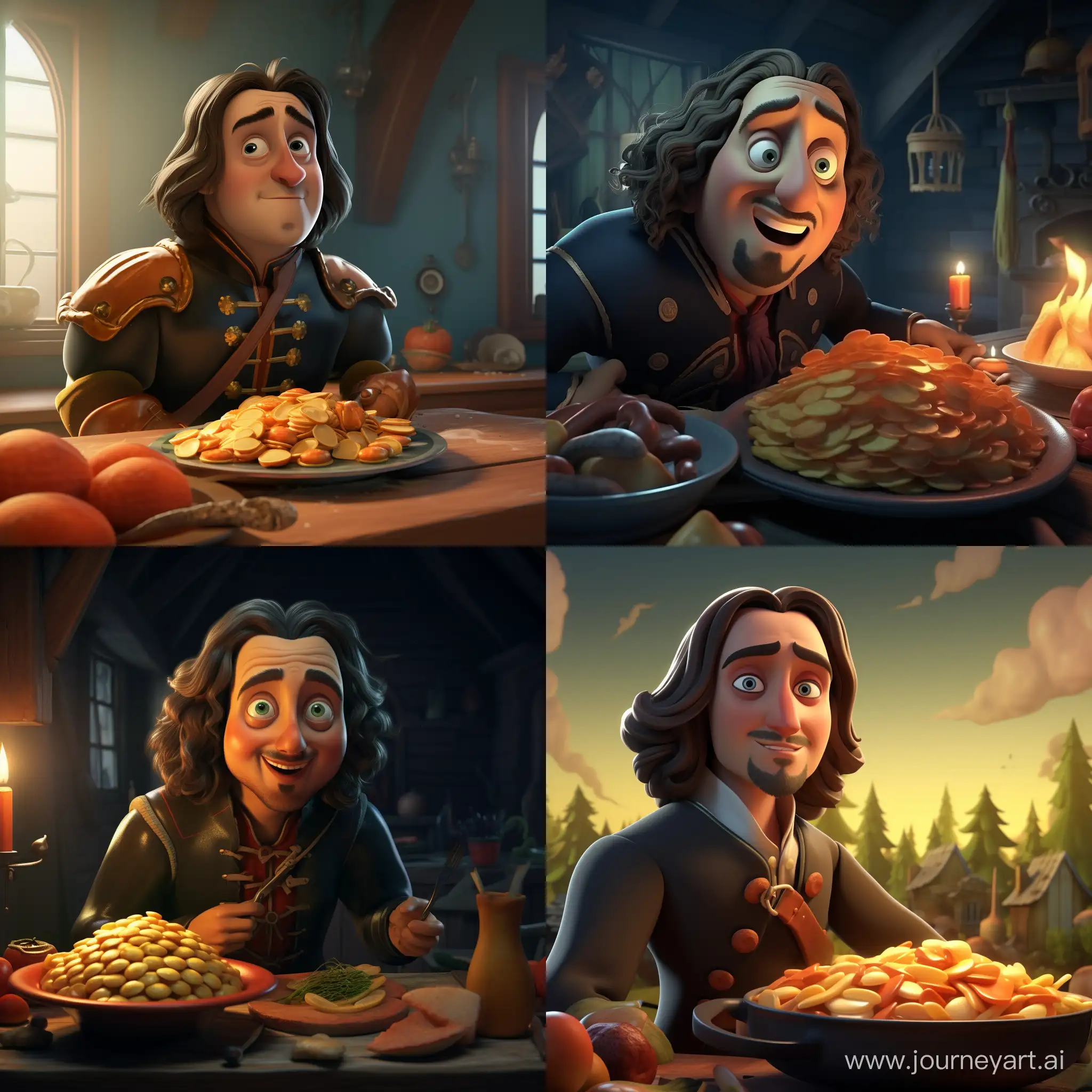 Peter the Great eats potatoes. 3D animation 