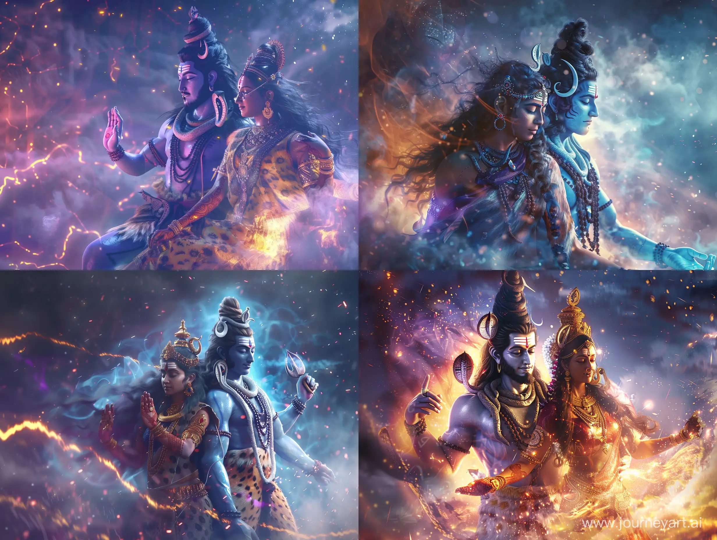 powerful Hindu deity god ‘Lord Shiva’ and goddess ‘Parvati’ embarking on a celestial journey, surrounded by vibrant cosmic energies and divine symbols, realistic, hd graphics, unreal engine, hyper realistic, cinematic lighting