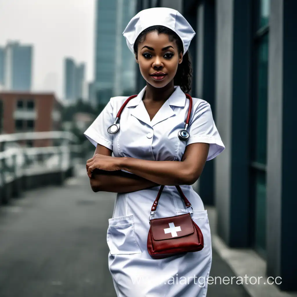 Ghetto hood chick in a nurse outfit holding purse