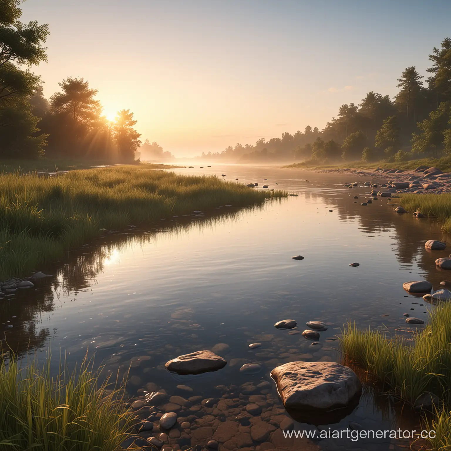 Realistic-Summer-Dawn-by-the-River-Tranquil-Shoreline-Scene