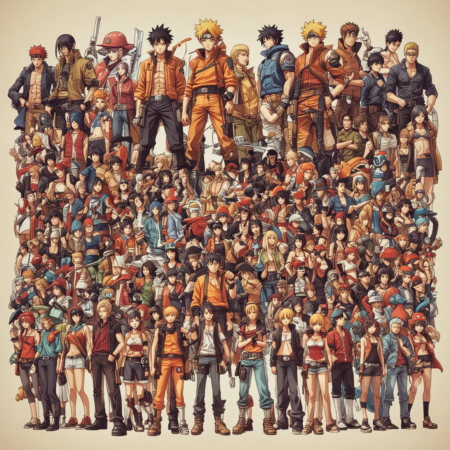 anime characters including naruto, pokemon, one piece, attack on titan, cowboy bebop 

