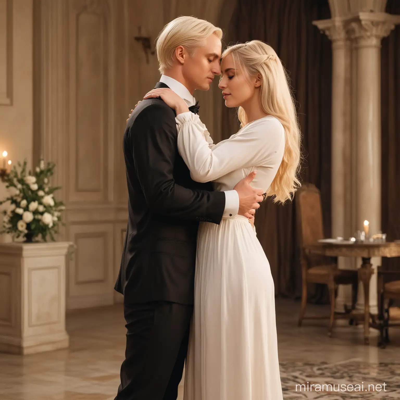Elegant Draco Malfoy Embracing Blonde Woman and Girl in Evening Attire