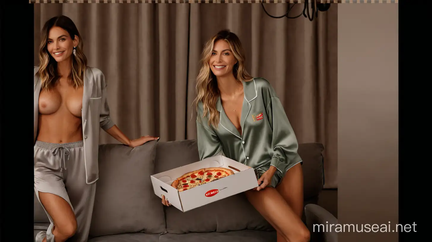 supermodel women in pajama pants with a pizza box