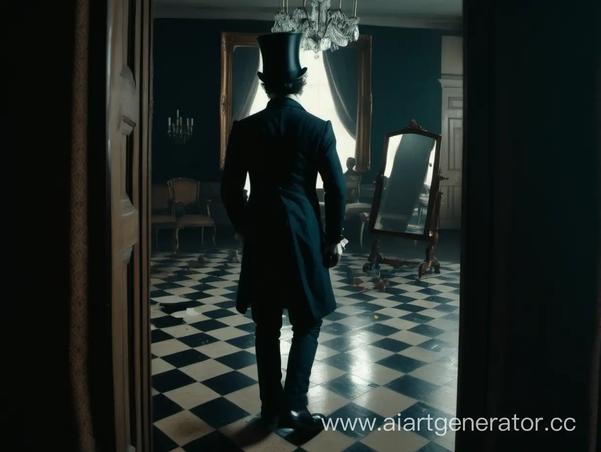 темная комната, шахматный пол, отоажение в зеркале, парень в костюме 18 века в цилиндре входит в зеркало,  8k