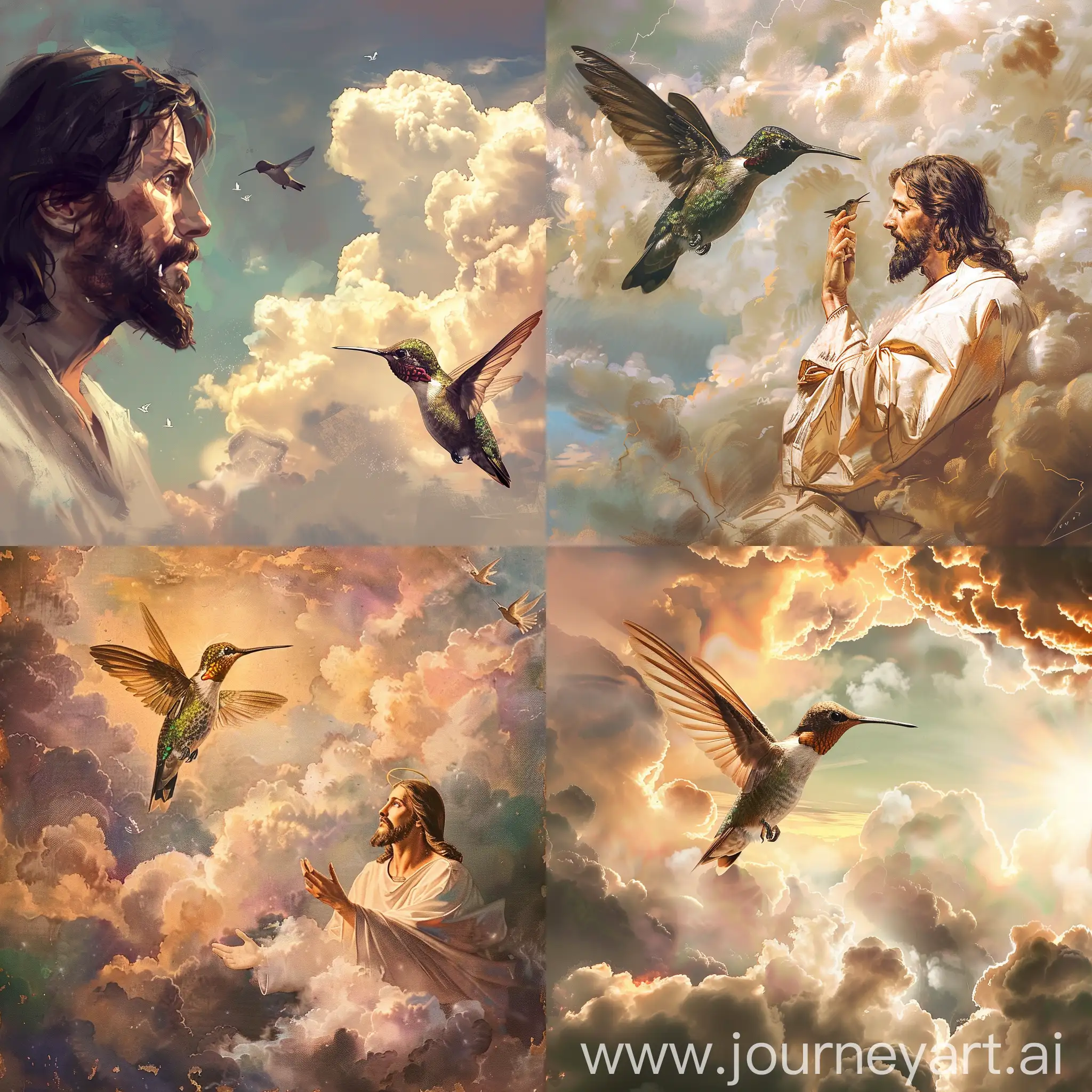 Humming bird flying in the clouds with Jesus