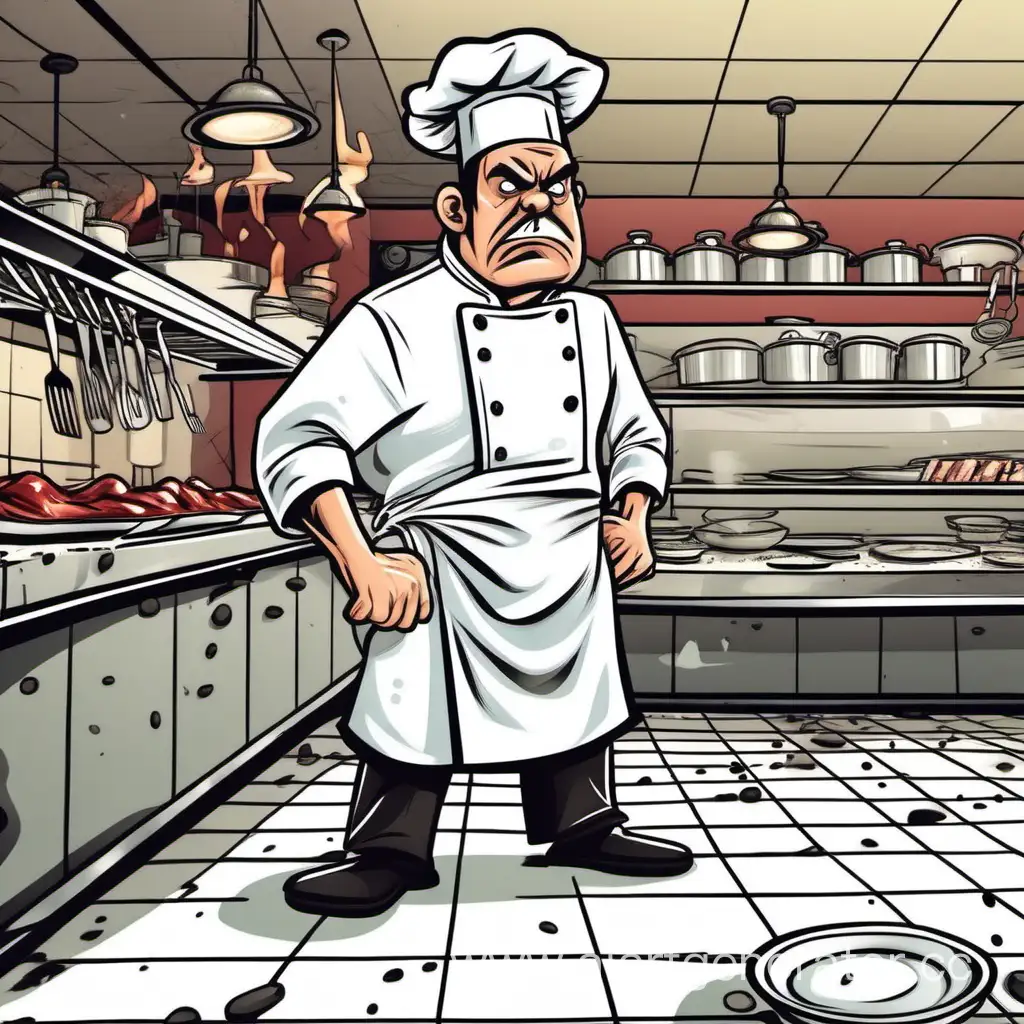cartoon angry human chef looking for something on the ground in a full restaurant