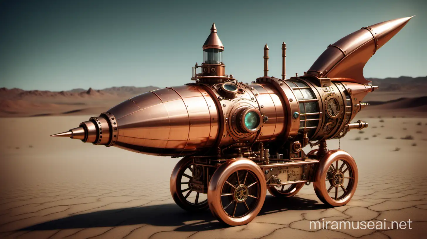 steampunk rocket on wheels. copper. brass. glass. in the middle of a desert.