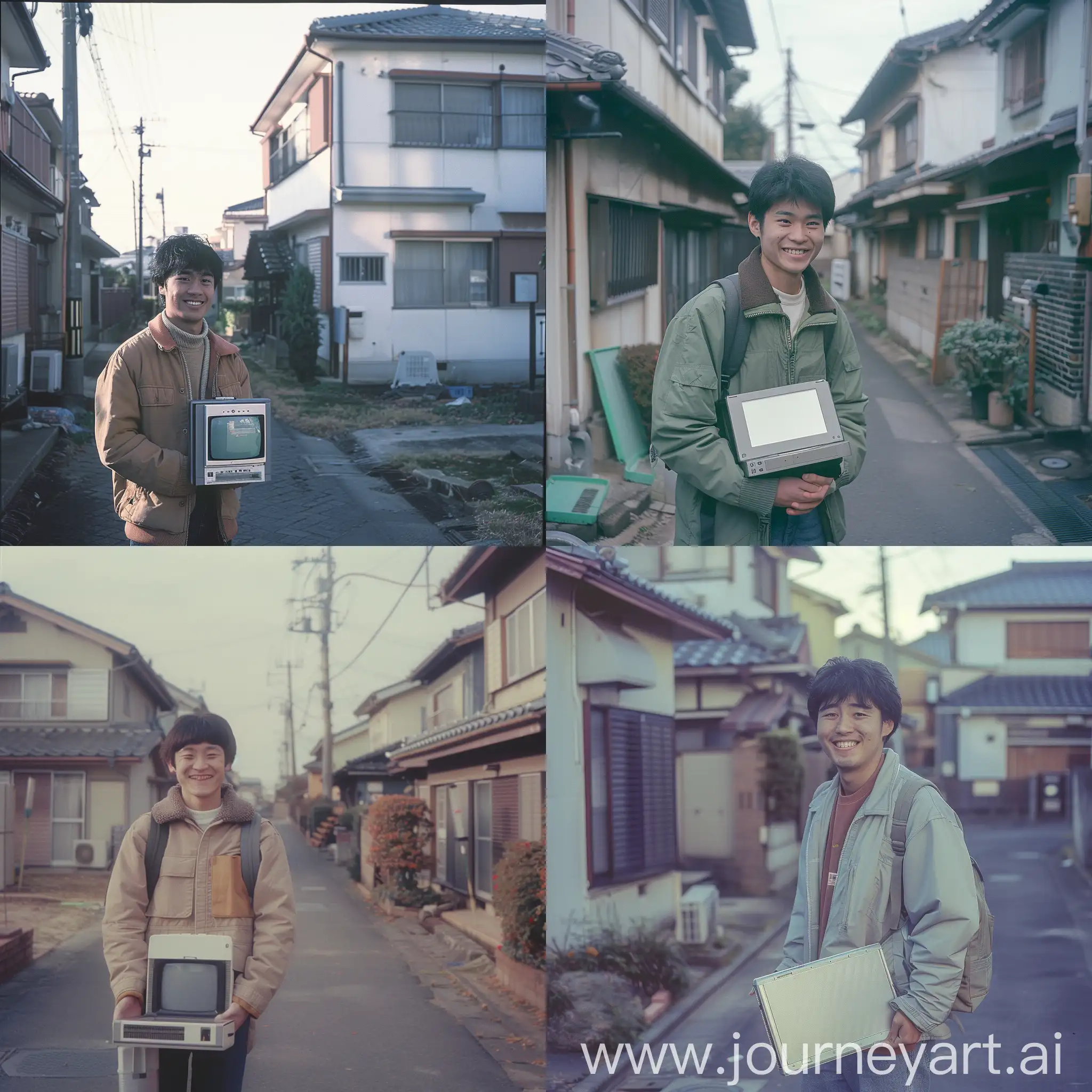 Ultra realistic. A photo taken on Canon AE-1 in mid 80s in quiet region of Tokyo. Small neat houses. Clean streets. No people. Early morning, a young man holding first portable pc and smiling.
