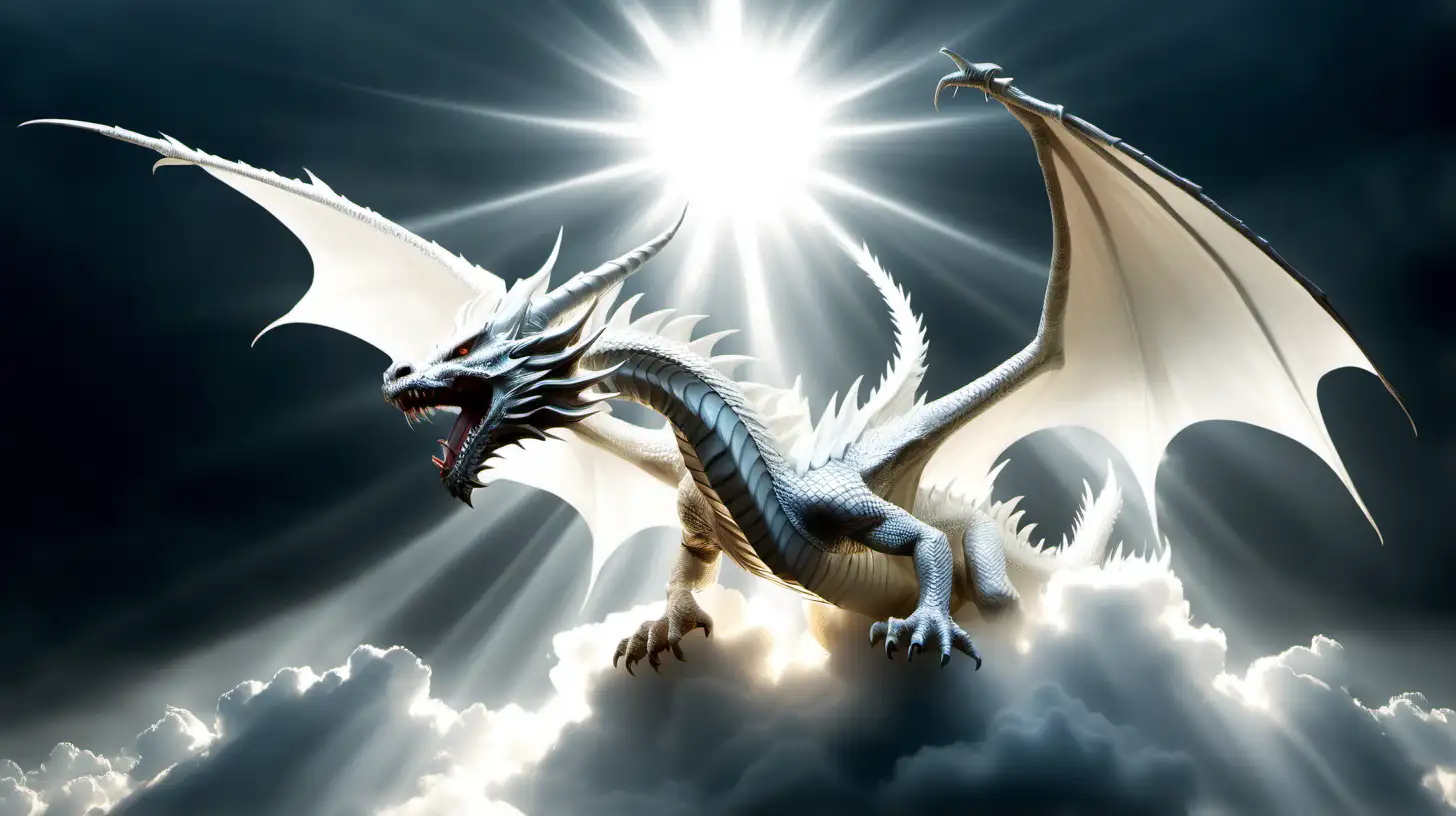 dragon blanc qui crache des rayons de lumière sur un nuage