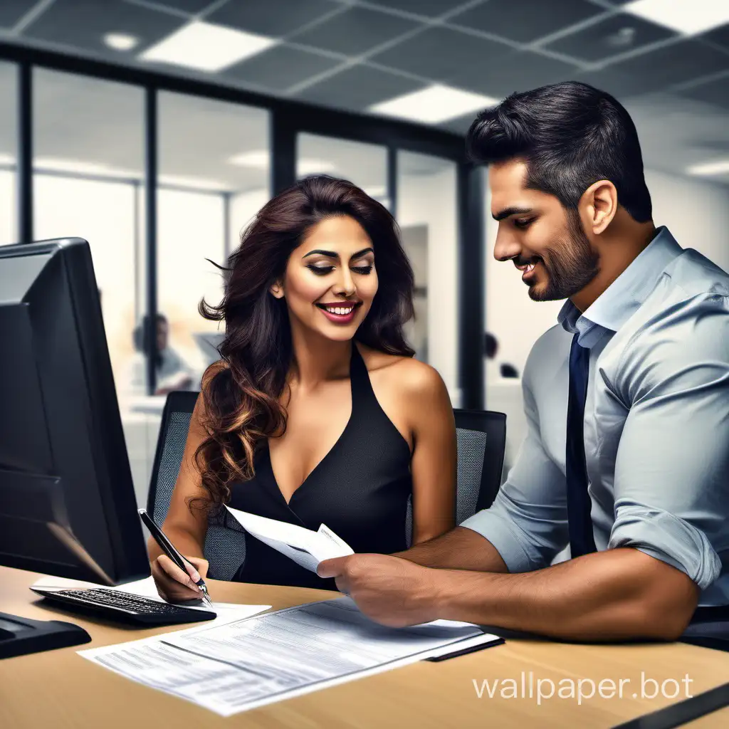 Realistic image of a beautiful professional Latina lady getting her taxes done getting helped by a handsome Latino man in a very modern tax office in high-quality resolution