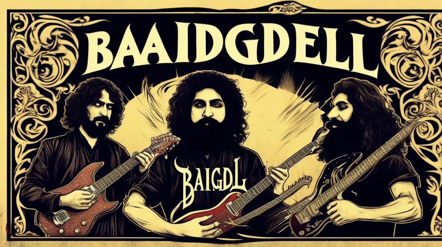 a concert poster with for the duo BAIGDELI. a handsome pakistani man is banging on drum and an iranian man with curlier long hair is playing electric guitar. mustache and beard. in the style of opeth. BAIGDELI