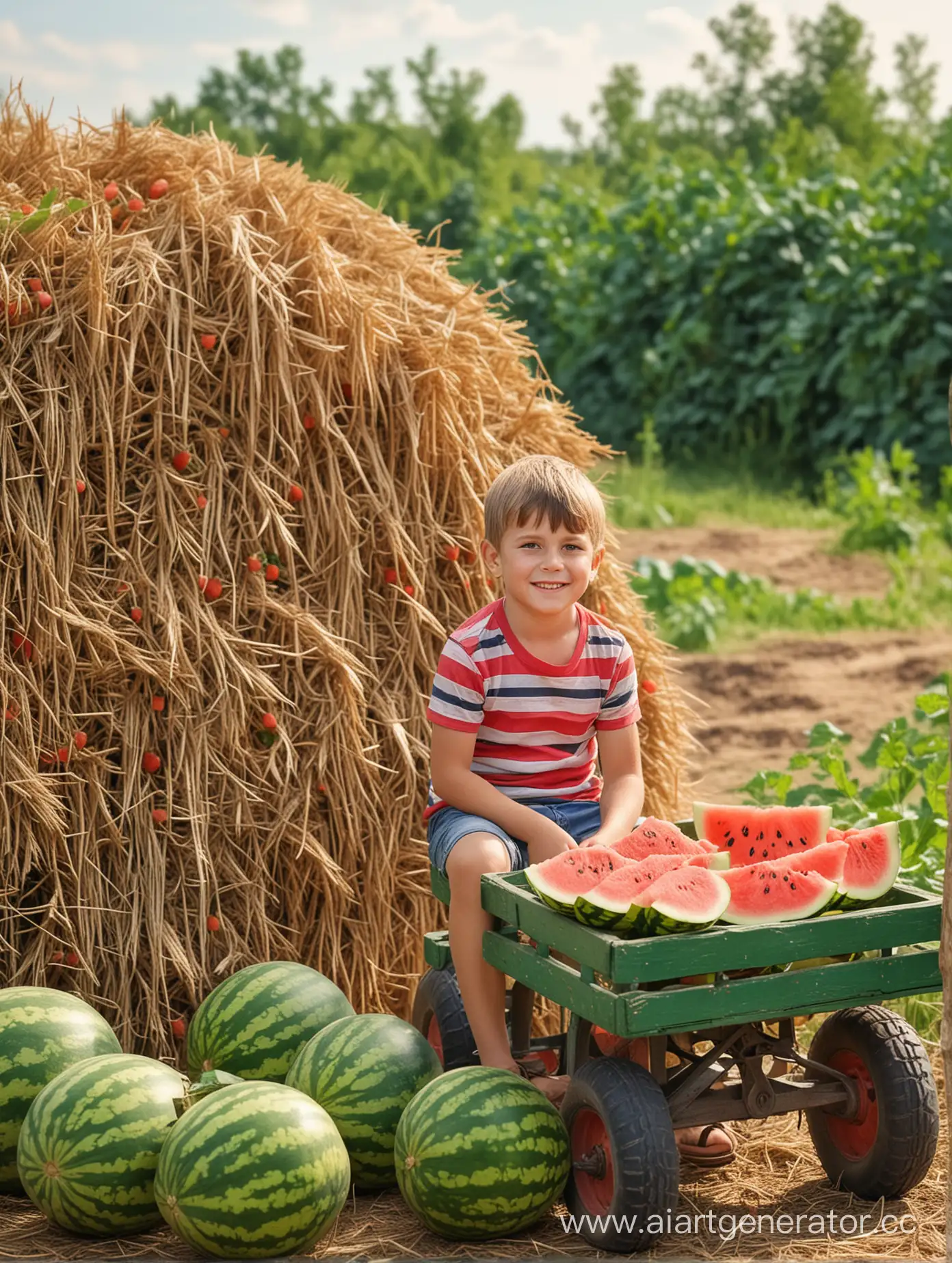Boy-on-Haystack-Amidst-Lush-Watermelon-Grove