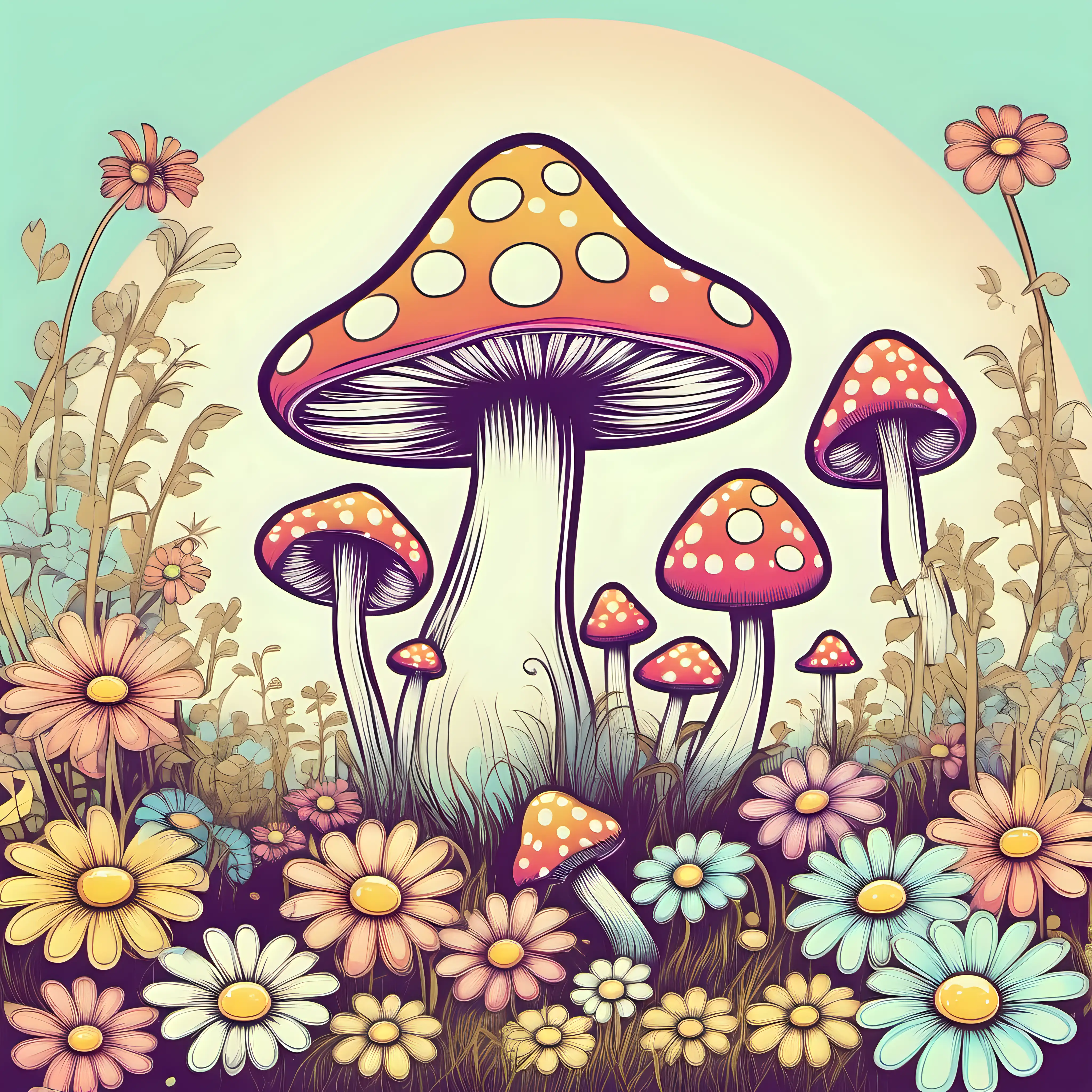 Whimsical, psychedelic,Cartoon mushroom, pastel, retro colors, daisies, vintage, white background 