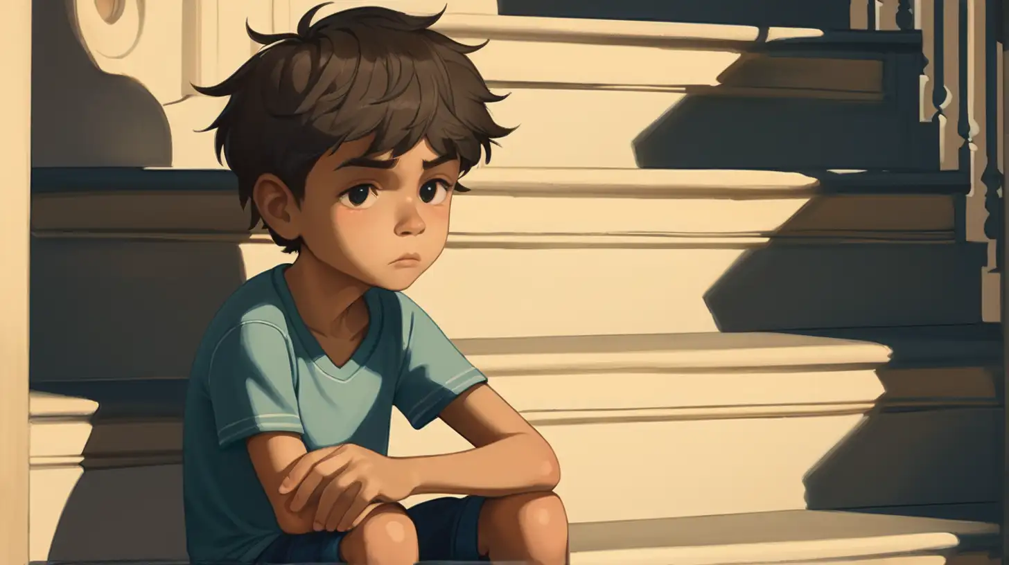 An adorable boy sitting on a staircase with a dejected expression, surrounded by shadows.