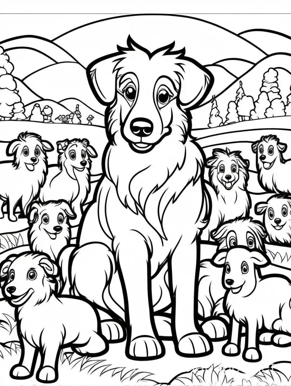 australian shepard herding sheep, Lisa Frank style, Coloring Page, black and white, line art, white background, Simplicity, Ample White Space. The background of the coloring page is plain white to make it easy for young children to color within the lines. The outlines of all the subjects are easy to distinguish, making it simple for kids to color without too much difficulty., Coloring Page, black and white, line art, white background, Simplicity, Ample White Space. The background of the coloring page is plain white to make it easy for young children to color within the lines. The outlines of all the subjects are easy to distinguish, making it simple for kids to color without too much difficulty